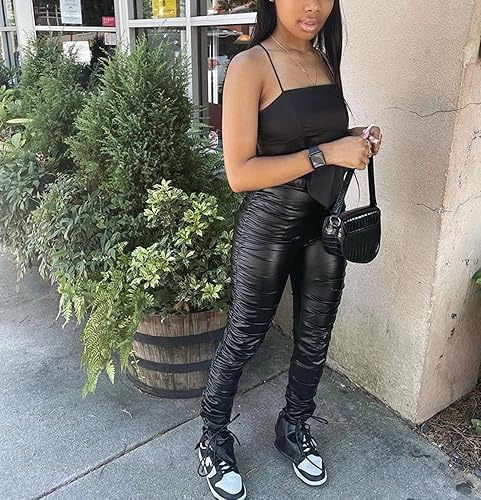 Miniatura 4 de Mintsnow Pantalones de cuero para mujer, elásticos, de cintura alta, fruncidos, mallas con abertura