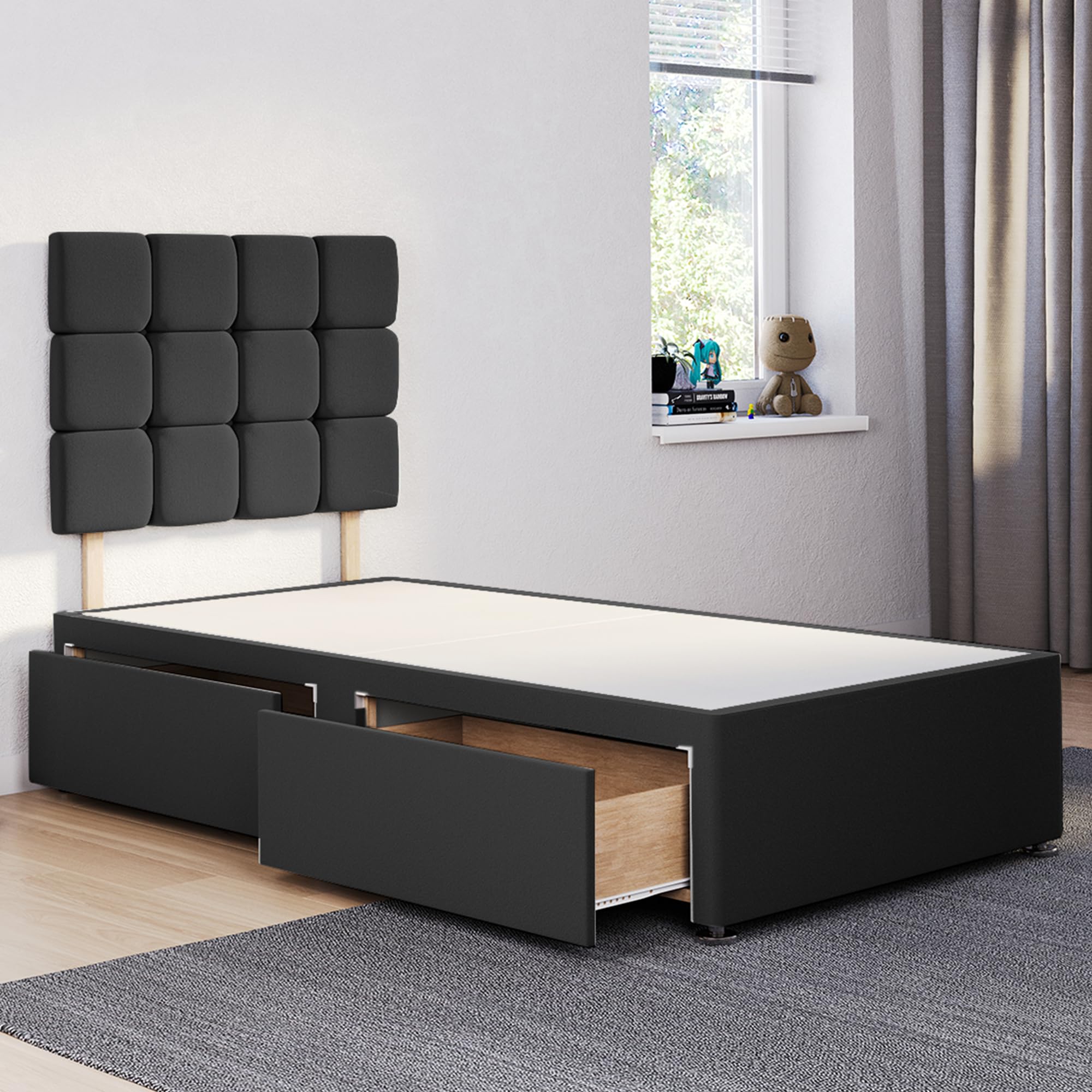 ComfoRest - Elegant 3FT Single Divan Bed with 2 Drawers & 24" Cube Headboard | Stylish Frame with Storage and a Durable Base (Black Plush)