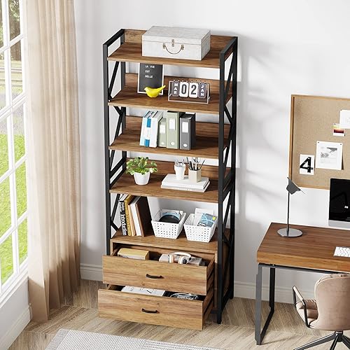Miniatura 5 de Tribesigns Bookshelf with Drawers, 70.8" Industrial Bookcase with 2 Drawers, 5 Shelf Open Shelf for Storage, Wood Book Shelf for Living Room,