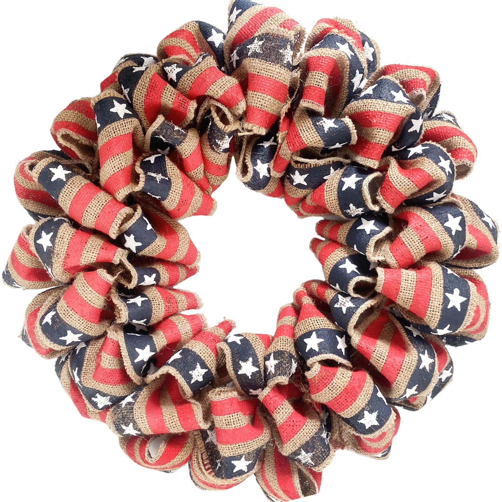 egolot 13 Inch Patriotic Burlap Wreath for Front Door, Red Stripe Blue Star Ribbon 4th of July Wreath for Indoor and Outdoor, Natural Burlap Color Home Decor