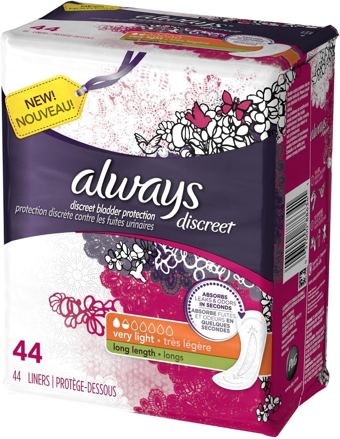Always Discreet Discreet Light Long Liner, 44 CT (Pack of 3)