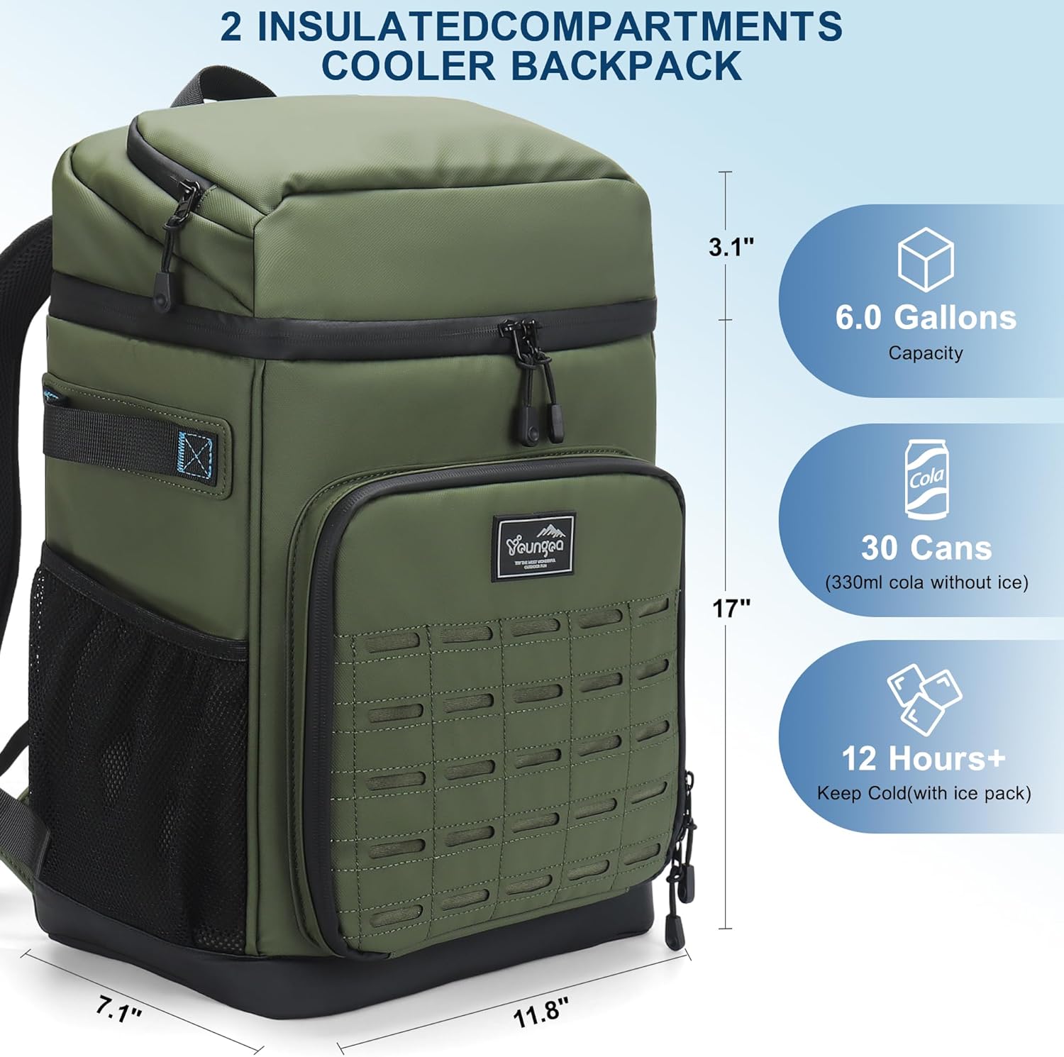 Cooler Backpack Insulated Waterproof for Men and Women, 2 Insulated Compartments Backpack Cooler for Beach Travel Camping, Portable Lightweight (Green, Large)