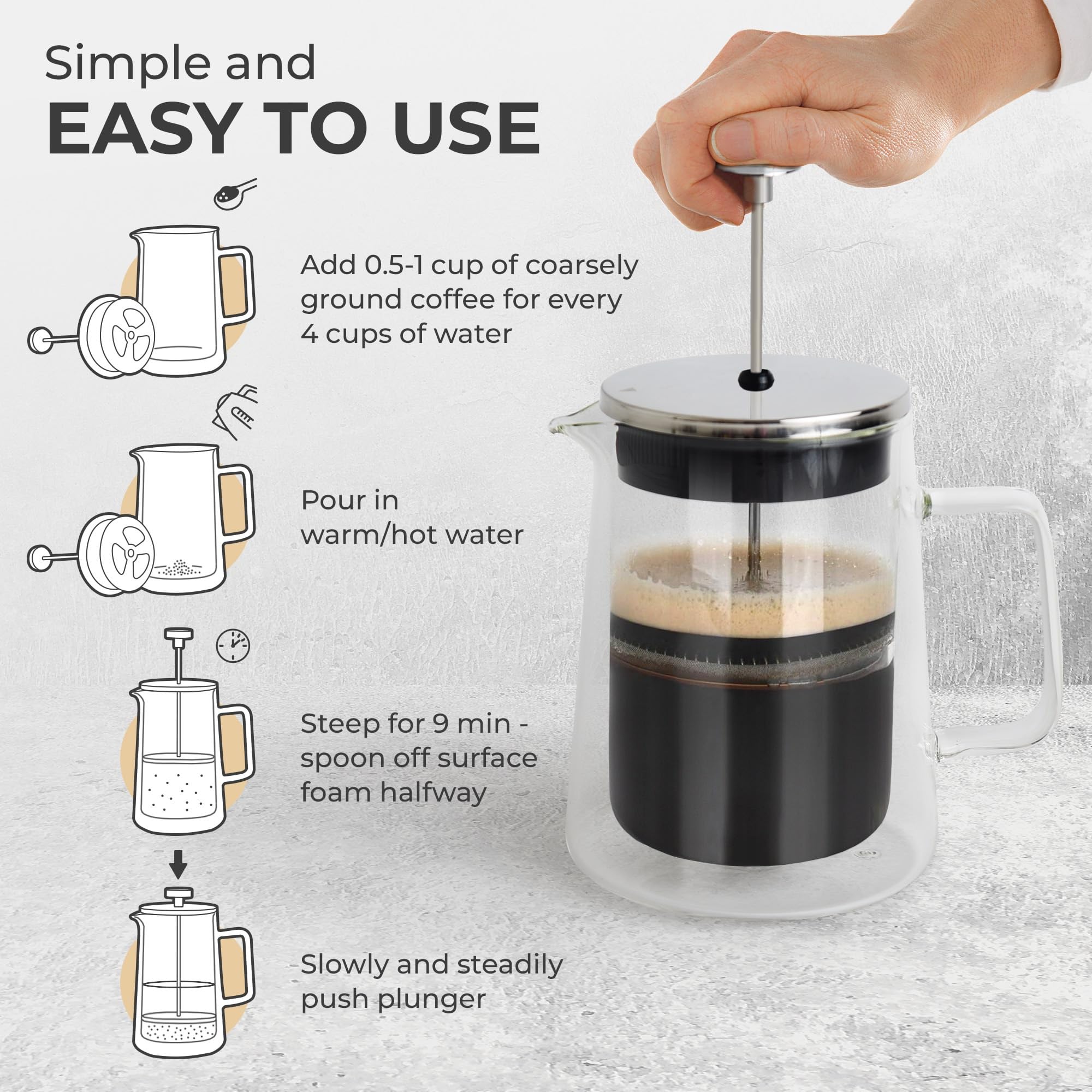 Kaffe Glass French Press Coffee Maker (27oz / 0.8L) - Double-Wall Insulated Borosilicate Glass Coffee Press - Travel & Camping - Homemade French Press Coffee