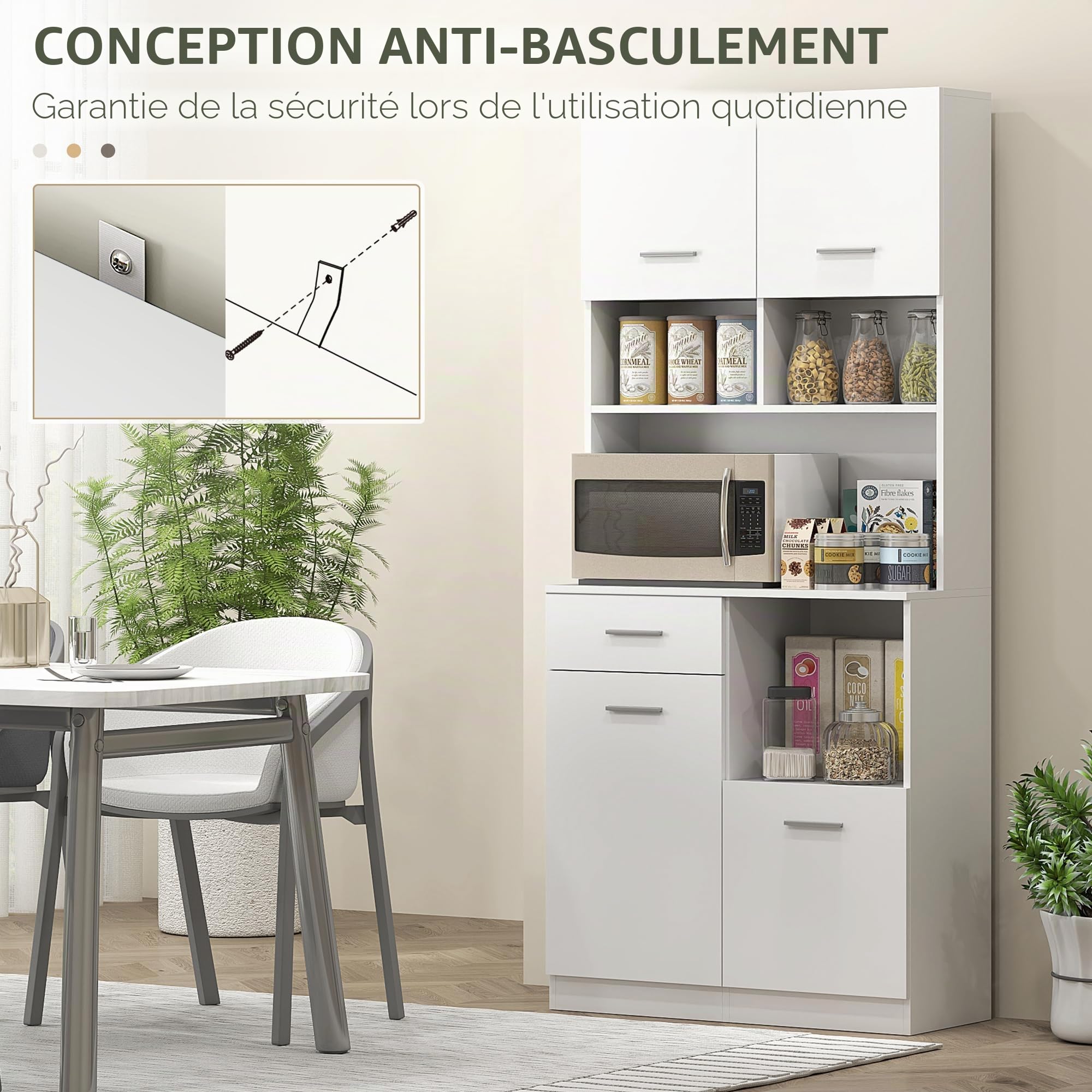 HOMCOM Armoire de cuisine, armoire haute avec étagère réglable, tiroir, armoire buffet avec porte Soft-Close, armoire vitrine Rangement pour cuisine salle à manger 80x35x180 cm Blanc