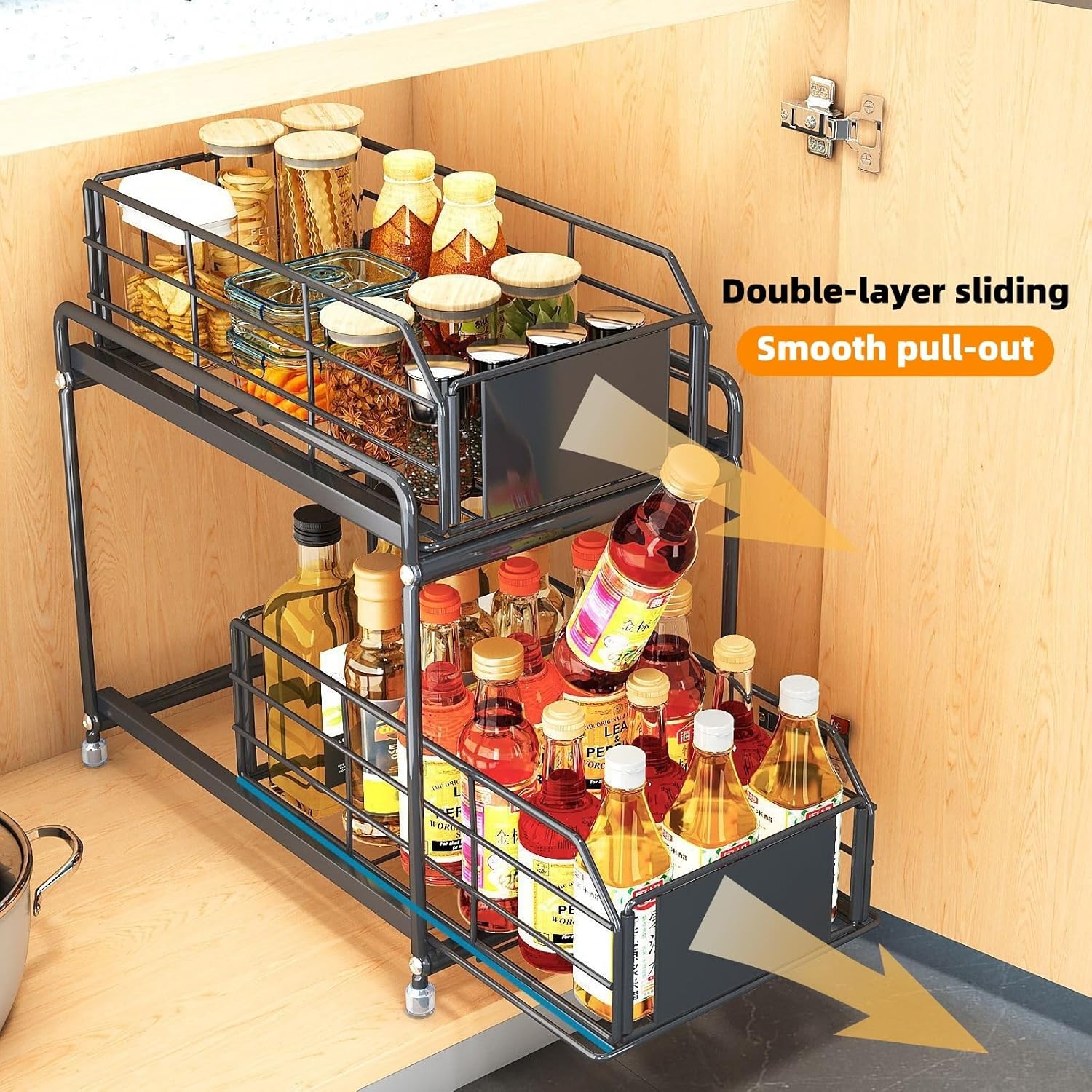 Under Sink Kitchen Storage Organizer, 2 Tier Sliding Cabinet Basket with Pull-Out Drawer, foldable Metal Under Sink Organizers for Bathroom, Pantry, Countertop, Rustproof Multi-Purpose Storage Bins