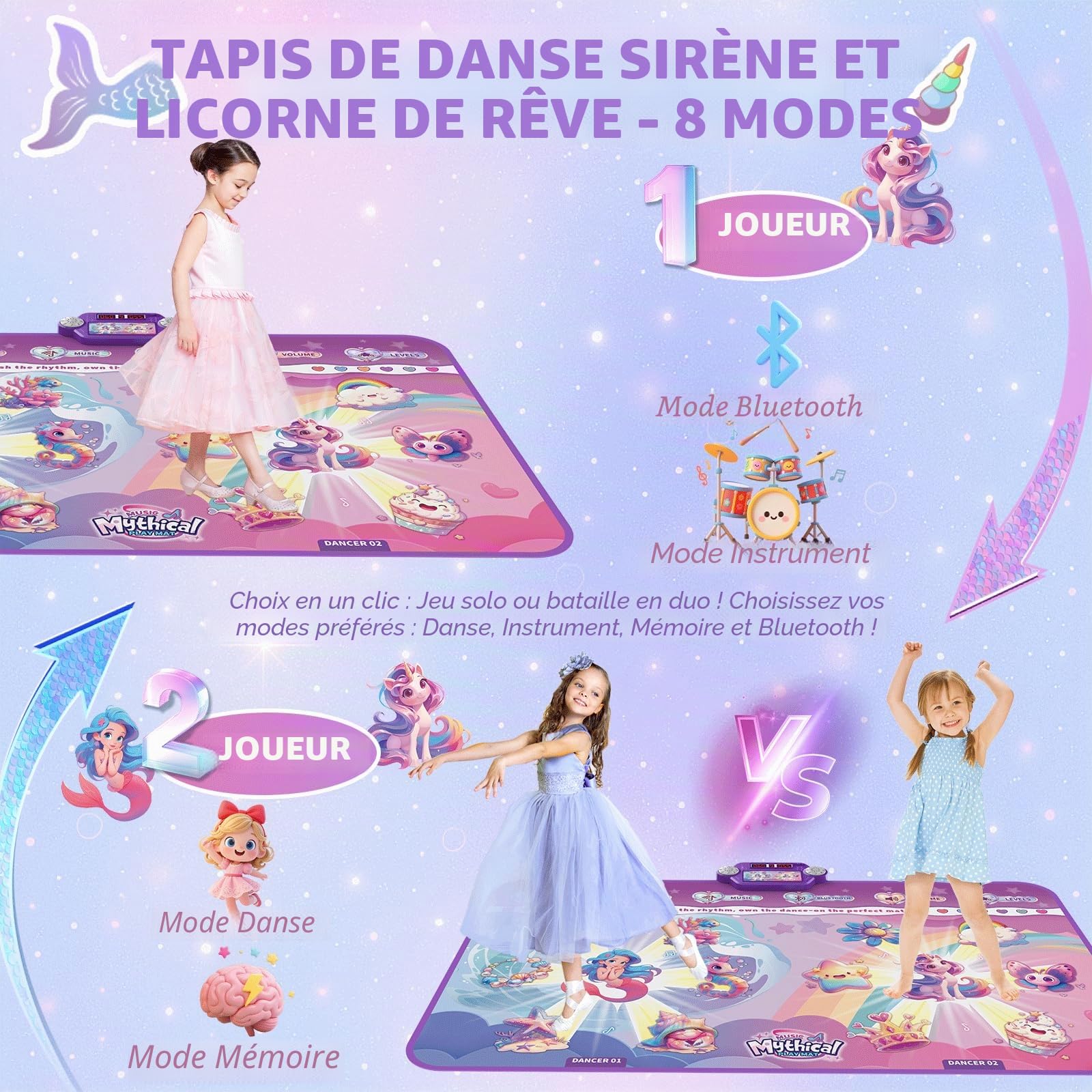 Tapis de danse Bluetooth amélioré 2025 pour 2 enfants, tapis interactif à 2 joueurs (4 modes améliorés), Merman & Unicorn avec boîte à piles LED, cadeau d'anniversaire