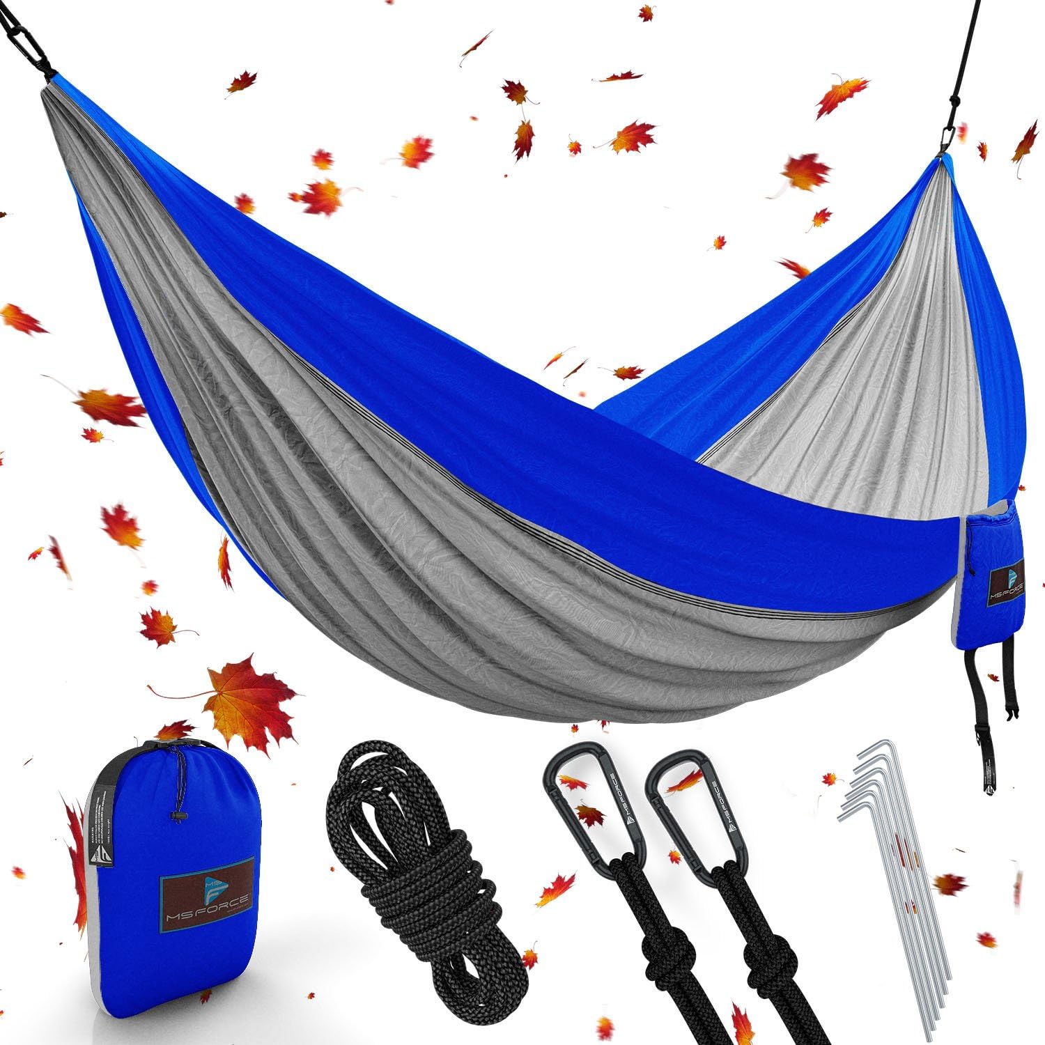 MsForce Double Camping Hammock Waterproof Lightweight Parachute 240T Portable Hammock, 2 Heavy-Duty 1500 lbs Capacity Carabiners, with 2 Ropes for Outdoor, Backpacking & Indoor 118" L78 W