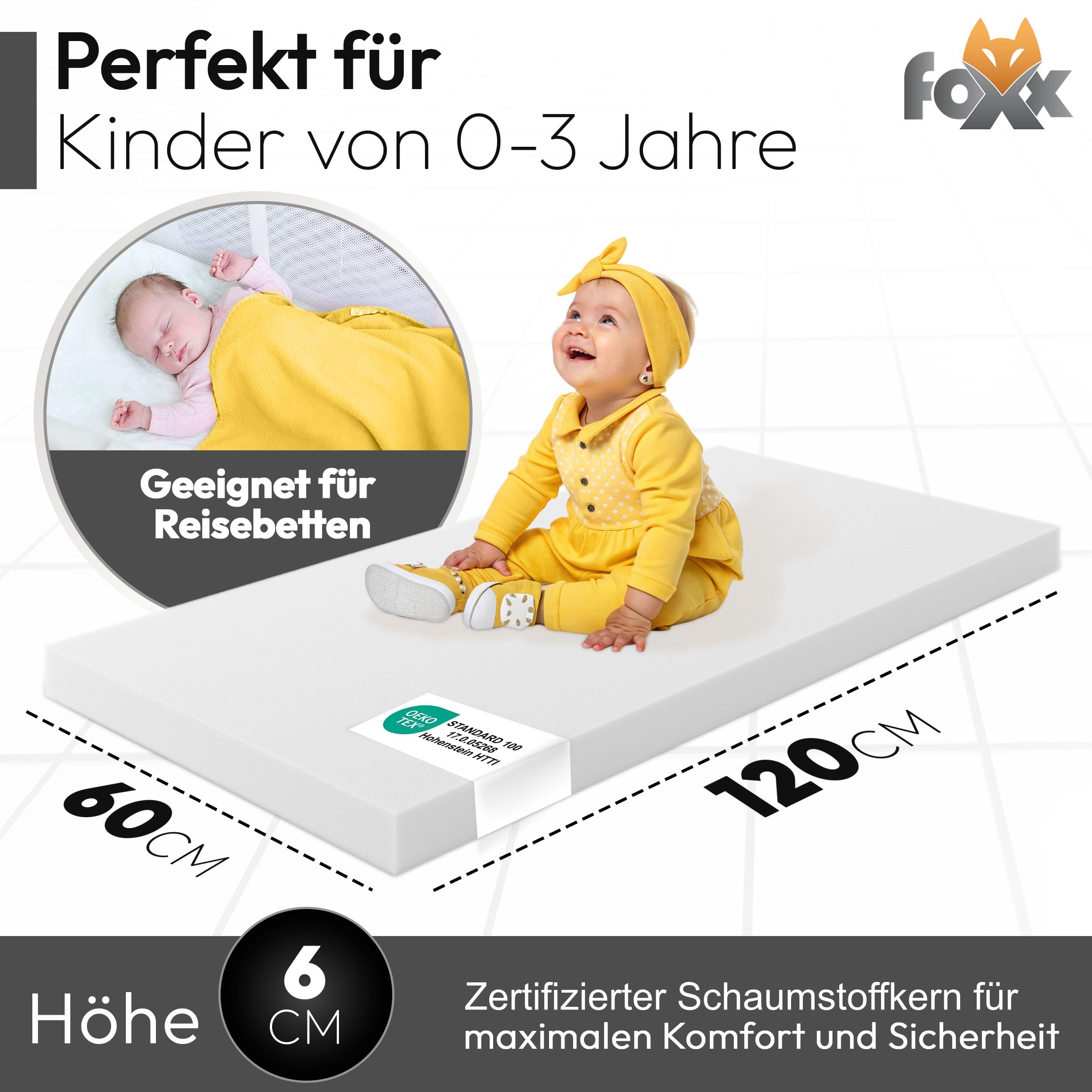 Foxx Noyau de matelas pour bébé et enfant 60 x 120 cm sans housse mousse qualité supérieure