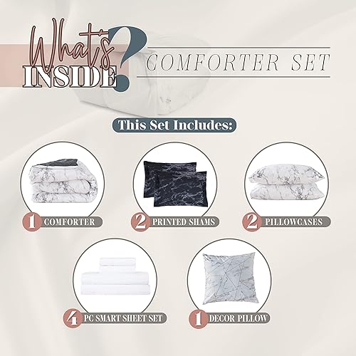 Miniatura 3 de Elegant Comfort Juego de edredón reversible de 10 piezas, estampado de mármol, almohada decorativa y sábana bajera con bolsillos inteligentes,