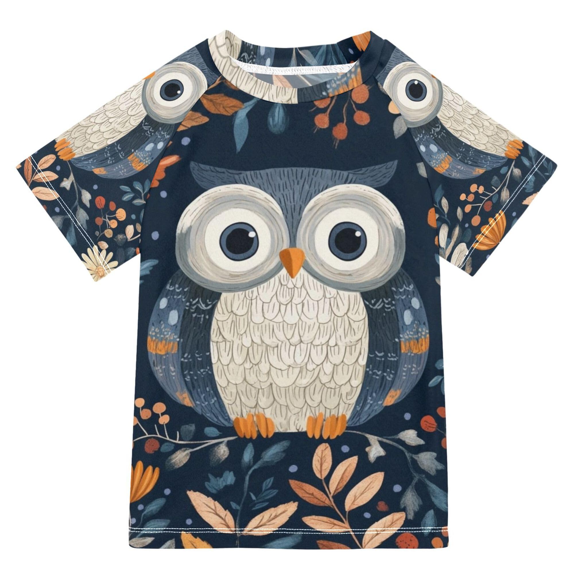 Glaphy Owl Cute Boys Rash Guard Swim Shirts Toddler Girls Short Sleeve Swimwear UPF 50+ Quick Dry Rashguard Shirt Multicoloured