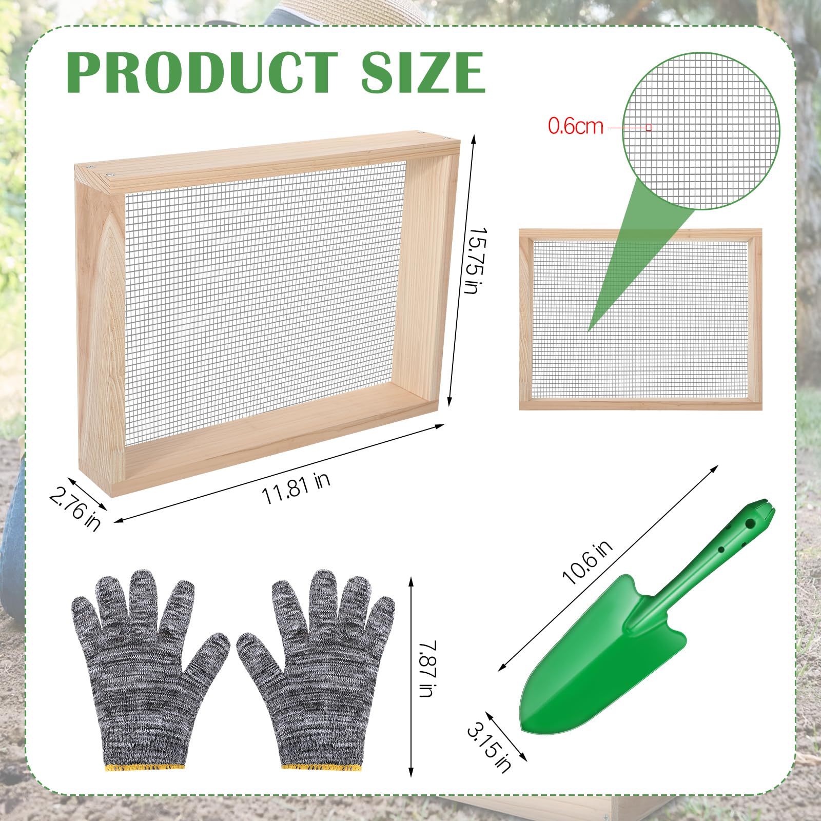 Therwen Juego de 2 tamices de tierra, tamiz de tierra, tamiz de tierra de madera, tamiz de compost, malla de 0.24 pulgadas con guantes y palas para plantas bonsái, macetas, verduras, hojas de arena,