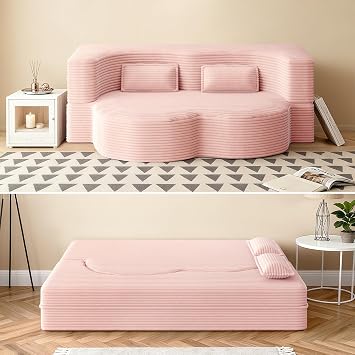 78" Full Size Convertible Sofa Bed, 2-in-1 Folding Floor Couch with 2 Pillows, Sleeper Sofa for Living Room and Bedroom, No Assembly Required Pink, Corduroy Fabric