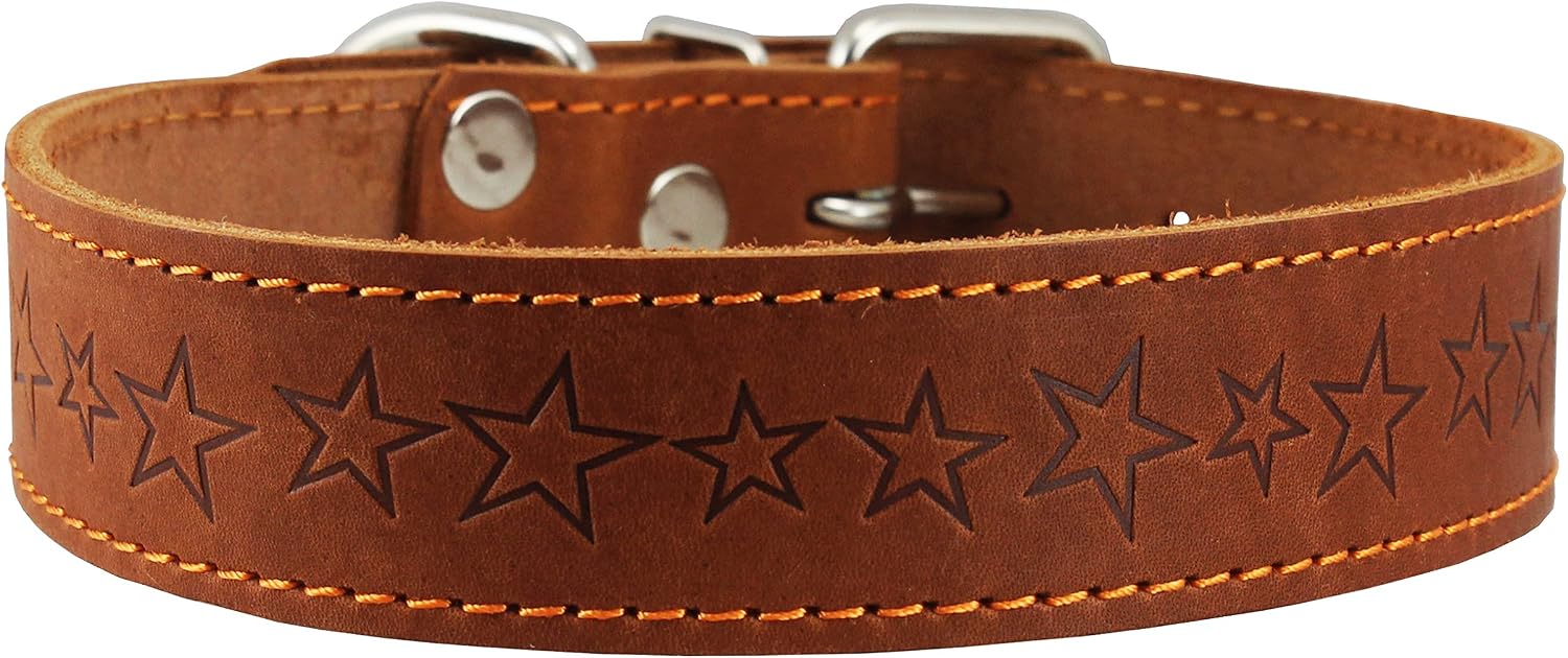 Dogs My Love Genuine Leather Dog Collar Stars Pattern Brown 4 Sizes (Neck Circumf: 18"-21"; 1.5" Wide)