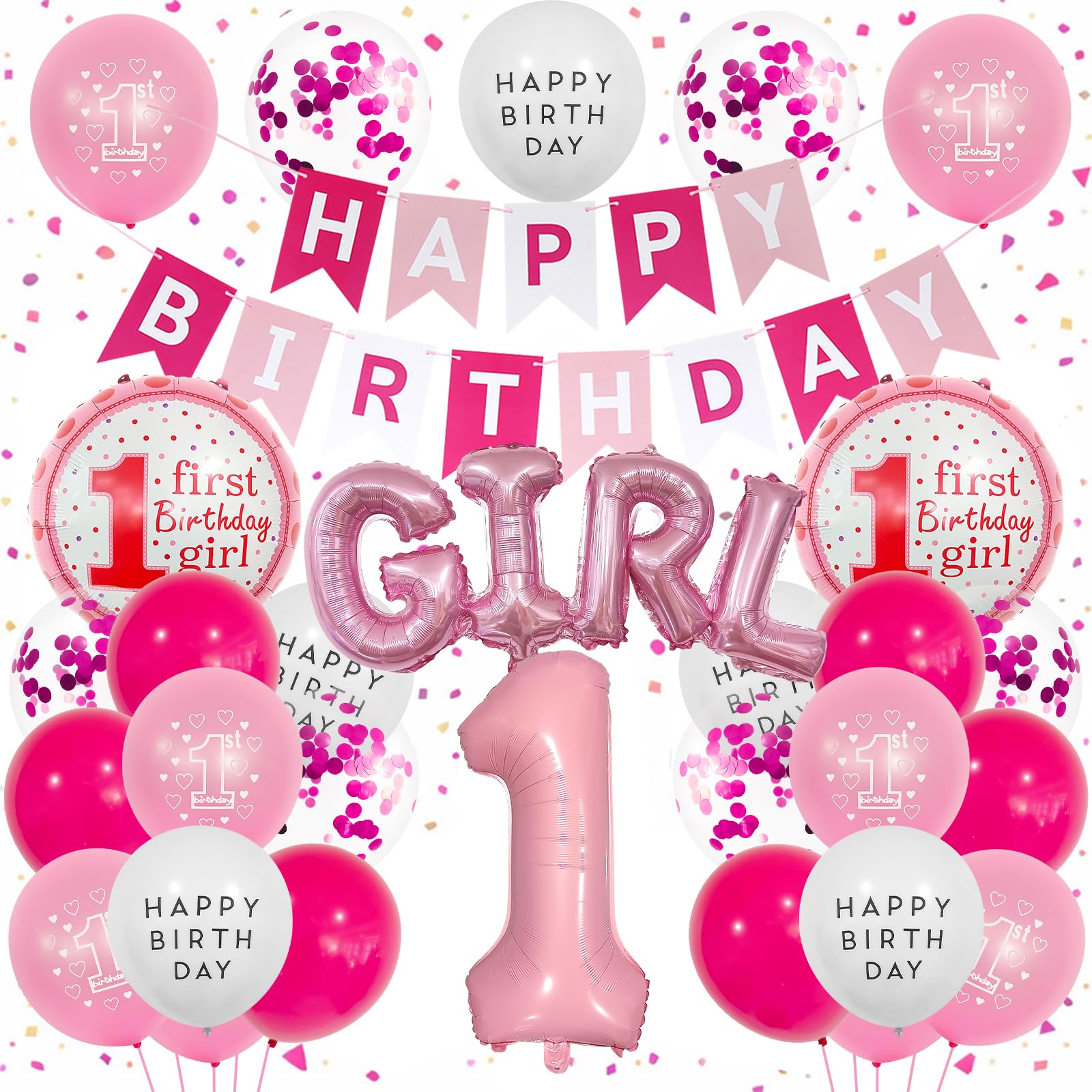1st Birthday Decorations for Girls – Pink Happy Birthday Banner with Number 1 & Girl Foil Balloons, Confetti Balloons First Party Supplies for Baby 1 Year Old Birthday Party Decor