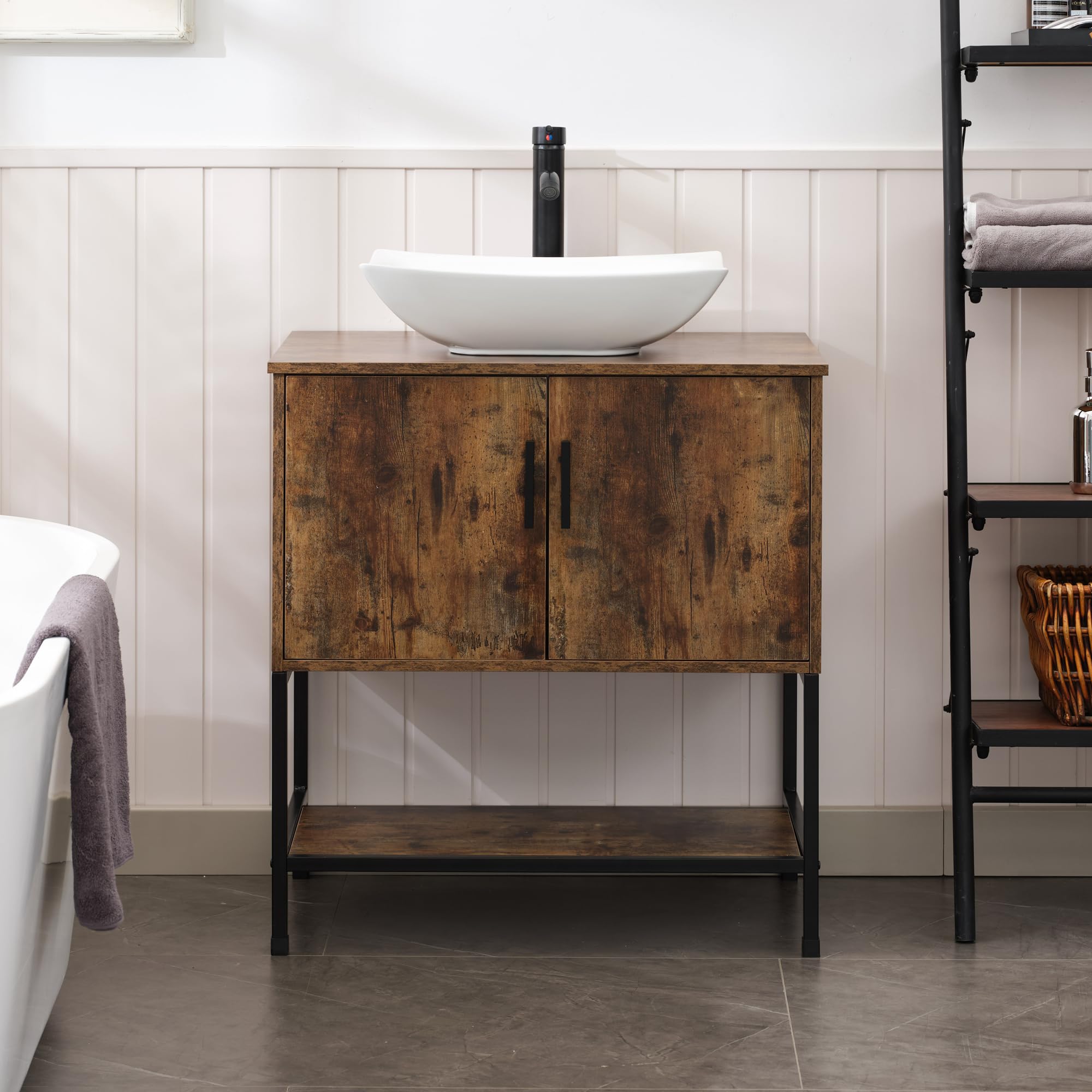 UEV Rustic Brown 30" Bathroom Vanity with Sink,Industrial Iron Frame Bathroom Cabinet Set with Doors & Shelf,with Modern Artistic Ceramic Vessel Sink