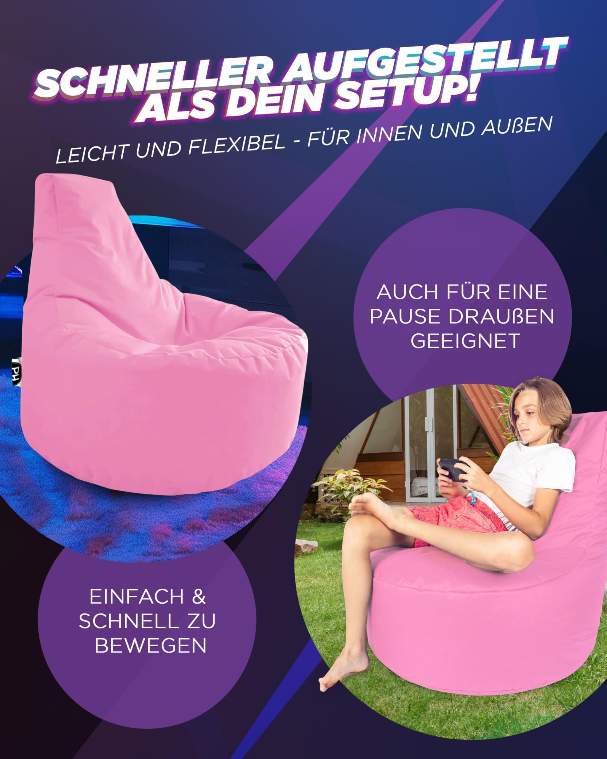 Pouf Per Gaming Patchhome - Cuscino Sedia Imbottito Con Polistirolo, Diametro 65 Cm, Rosso, Per Interni Ed Esterni