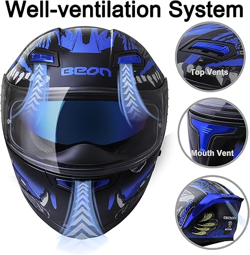 Miniatura 9 de BEON Full Face Motorcycle Helmet, Street Bike Helmet with Clear&Tinted Visors and Multiple Vents, Motocross Casco DOT Approved for Adult Men Women