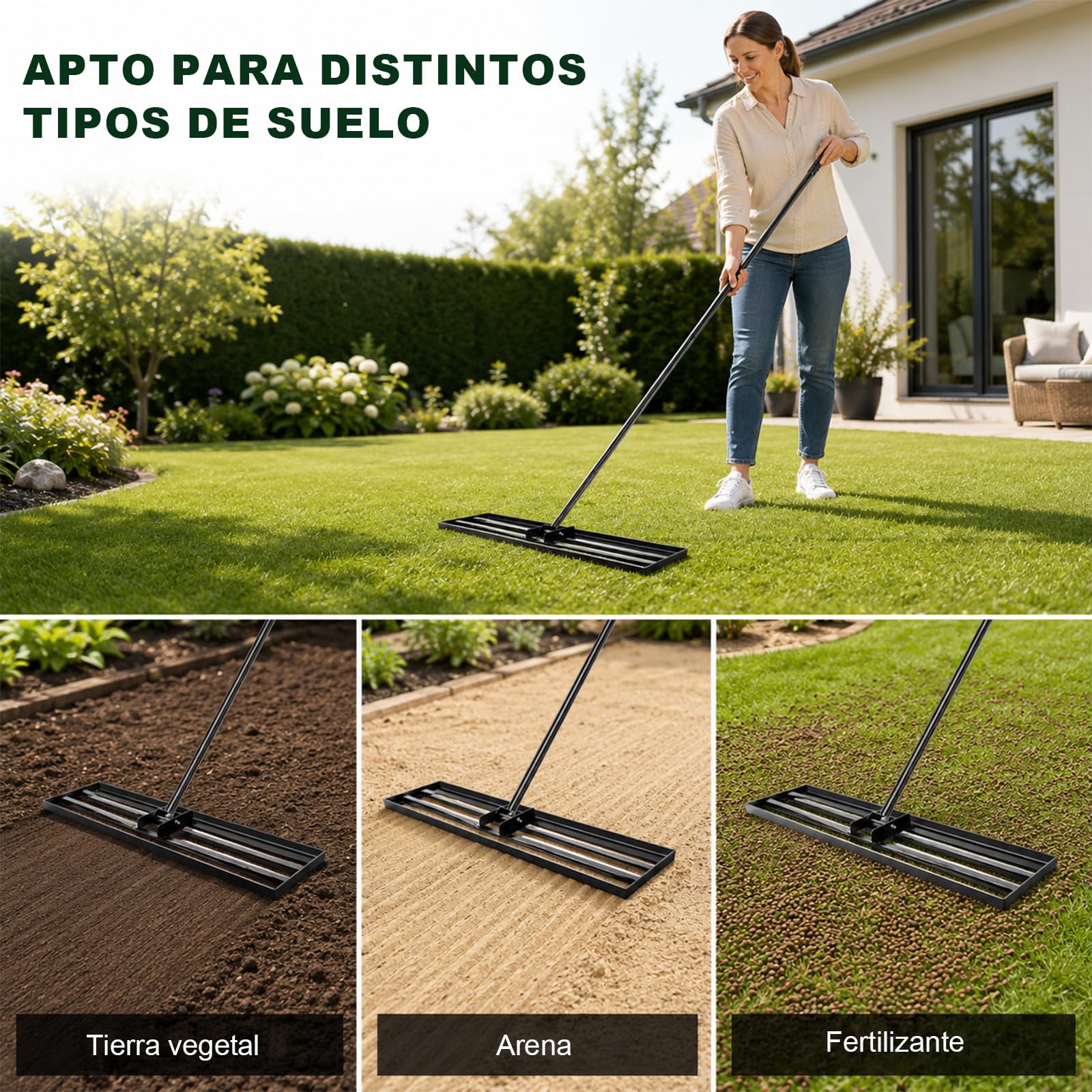 Rastrillo Nivelador de Alto Rendimiento, 114×25cm Rastrillo de Césped, Rastra de Nivelación para Césped, Cabezal Ancho para Jardines y Zonas Verdes, Rastra Niveladora Resistente con Mango de 213 cm