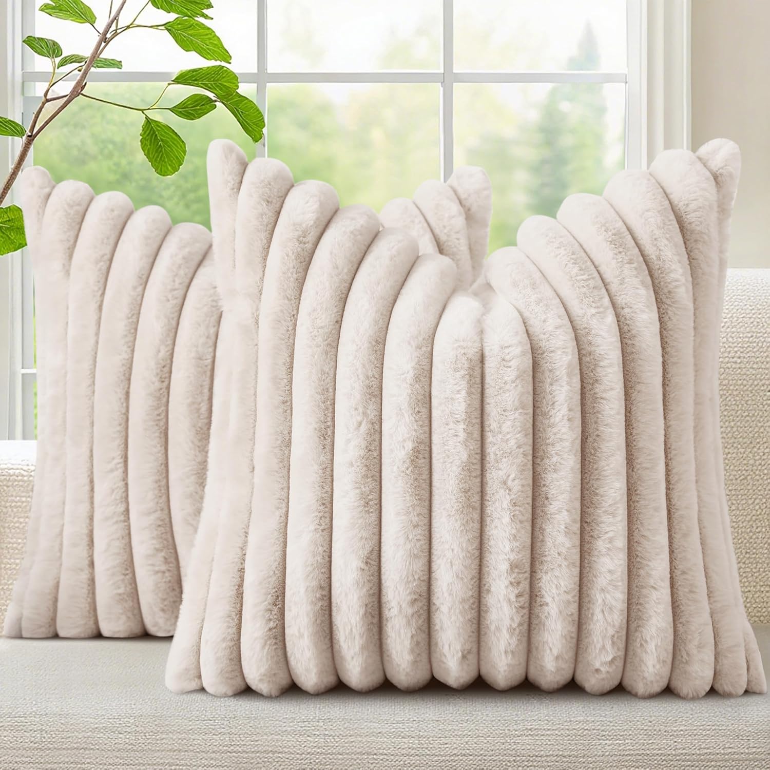 decorUhome Faux Fur Christmas Throw Pillow Covers 18x18 Set of 2, Decorative Soft Plush Striped Neutral Couch Euro Pillow Covers with Velvet Back for Sofa, Bed, Living Room Home Decor, Beige Beige 18" x 18" (Pack of 2)