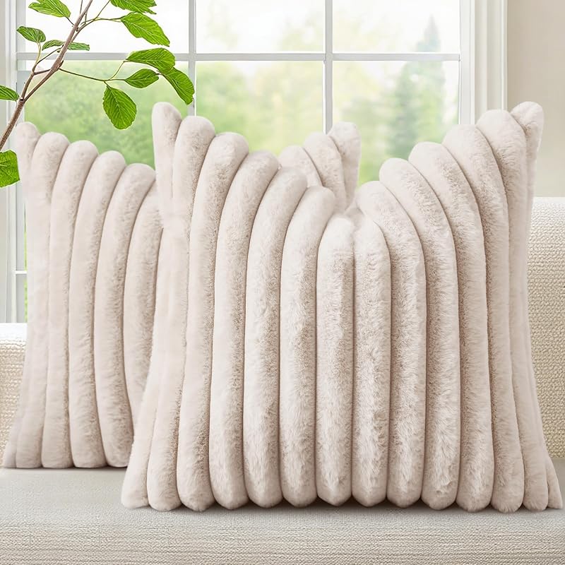 Fall Faux Fur Throw Pillow Covers 18x18 Set of 2 Beige | Decorative Soft Cozy Striped Plush Modern Farmhouse Boho Couch Pillow Cases Velvet Back for Sofa Bed Living Room Home Decor