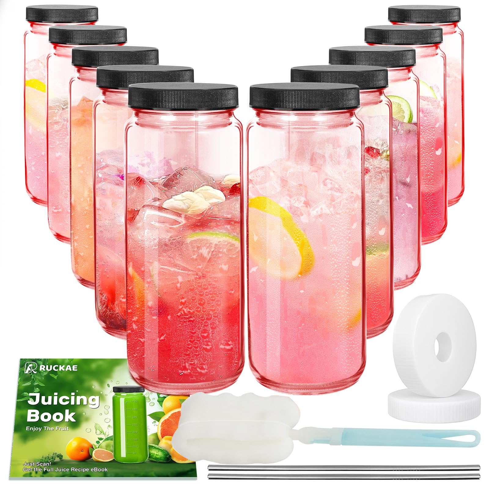 Pink 10pack 16oz Glass Juice Bottles with Lids &amp; Straws &amp; Juicing Recipe