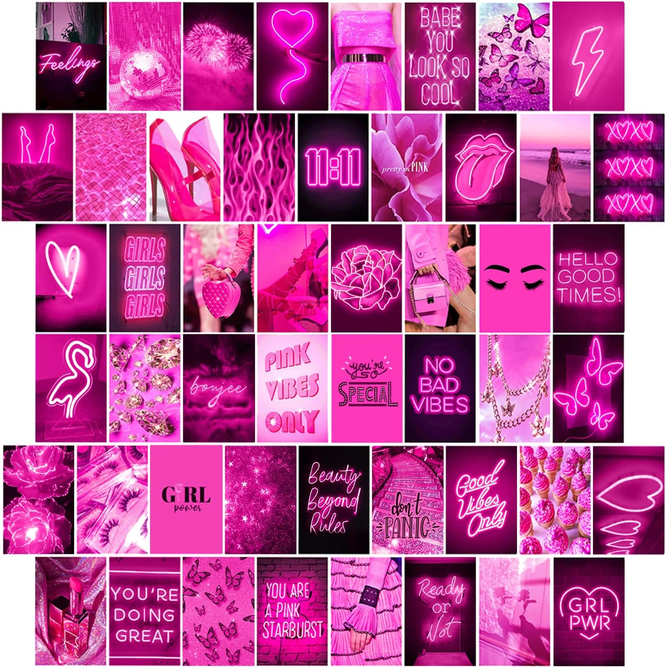 WOONKIT Pink Wall Collage Kit, Neon & Hot Pink, Bedroom Decor for Teen Girls - 50pcs 4x6 Inch