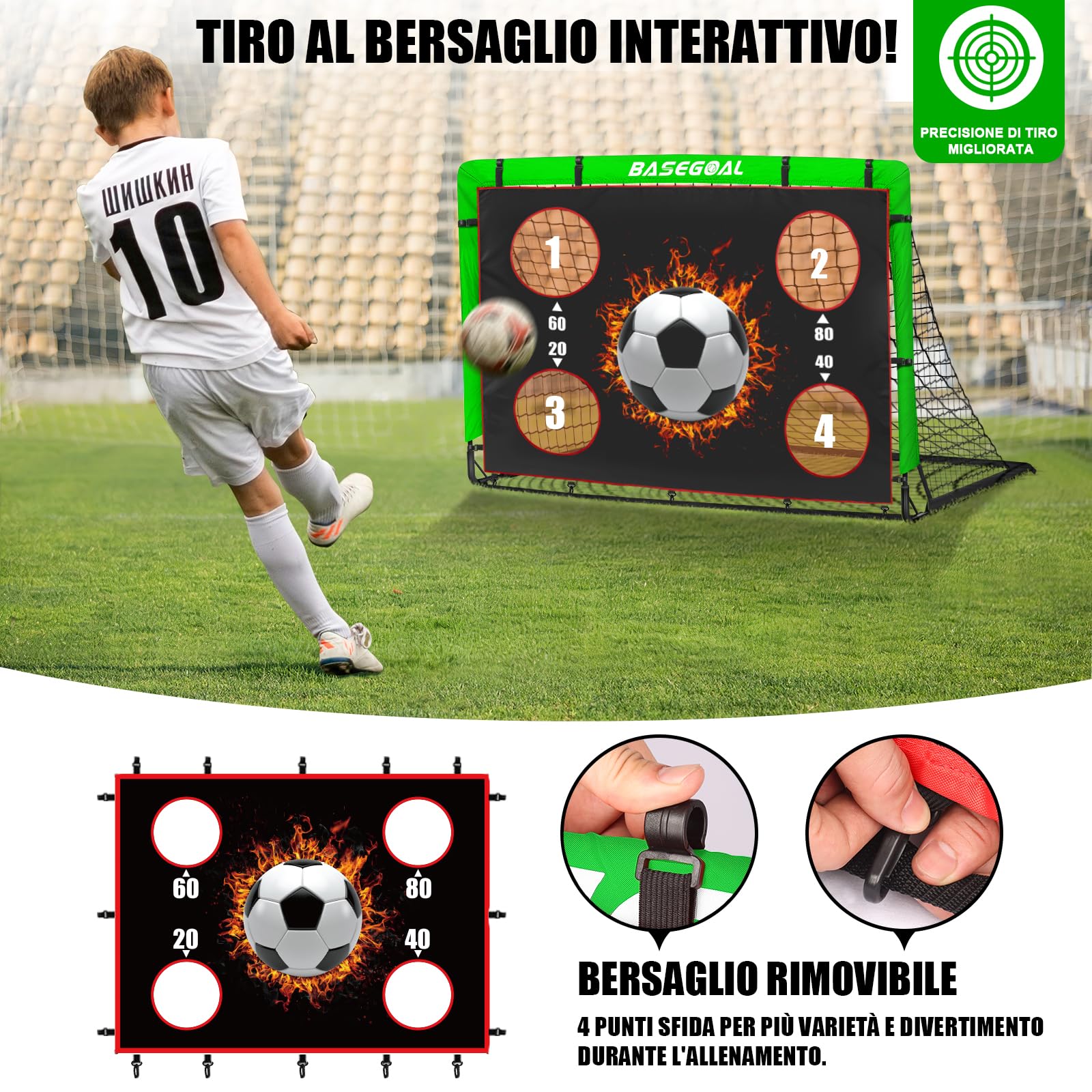 Porte da Calcio per Giardino, Porta da Calcio per 150x120cm, Porticine Da Calcio con Aste In Fibra di Vetro e Reti di Alta Qualità, Bullseye e Borsa per Giardino e Gioco per Interni - 3