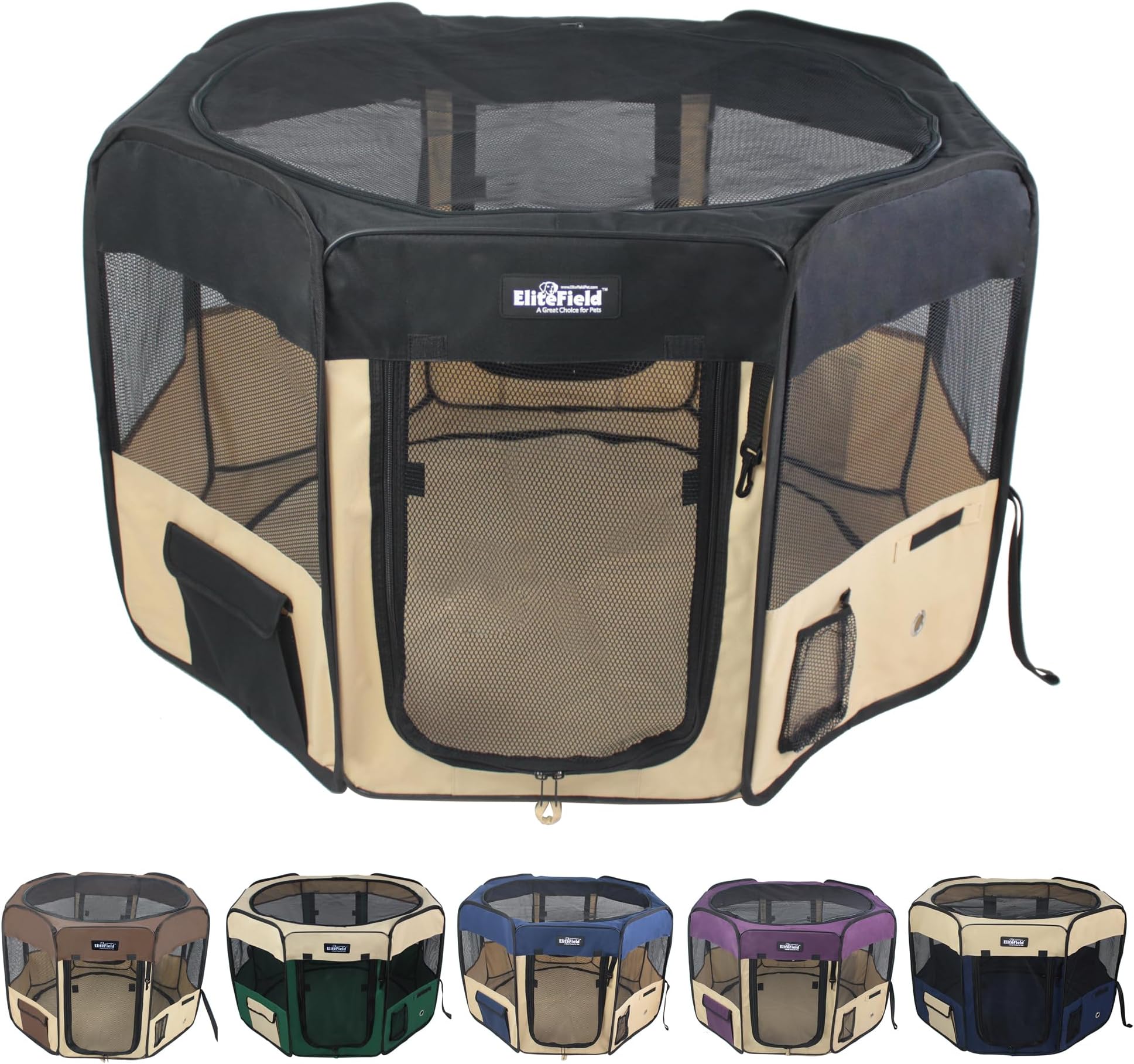 EliteField 2-Door Soft Pet Playpen (2 Year Warranty), Exercise Pen, Multiple Sizes and Colors Available for Dogs, Cats and Other Pets (48" x 48" x 32"H, Black+Beige)