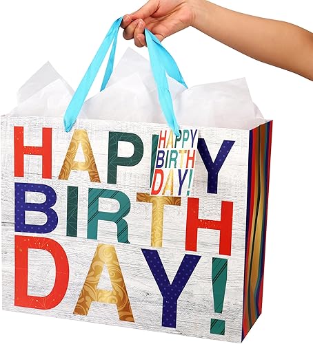 Miniatura 9 de POPGIFTU Juego de bolsas de regalo de cumpleaños extra grandes de 16.5 pulgadas con tarjeta de felicitación, papel de seda y etiqueta, bolsas de