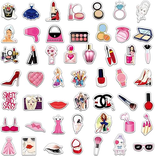 Miniatura 2 de Calcomanías de herramientas de maquillaje diferentes y divertidas para mujer, 50 unidades, lápiz labial, espejo cosmético, para niña, laptop,