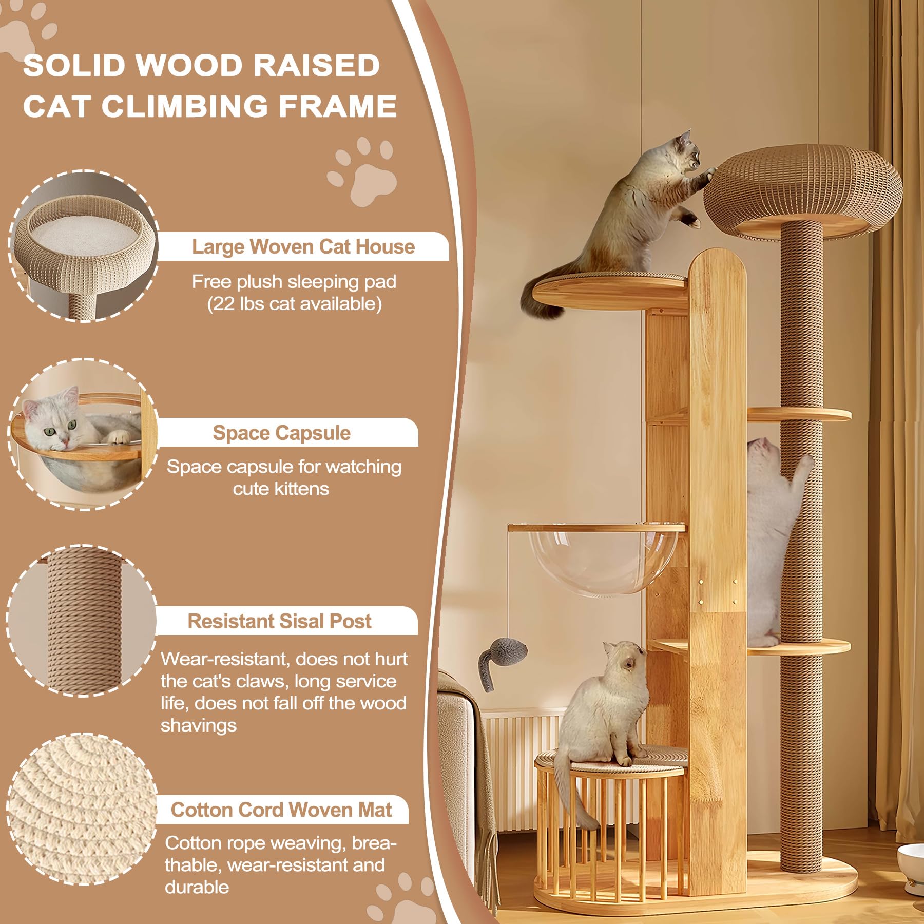 Rascador grande, pesado y estable, de madera maciza, 190 cm – Árbol rascador XXL con revestimiento de sisal, 3 plataformas, 1 casa tejida para gatos y juguete para ratón, robusto árbol de escalada