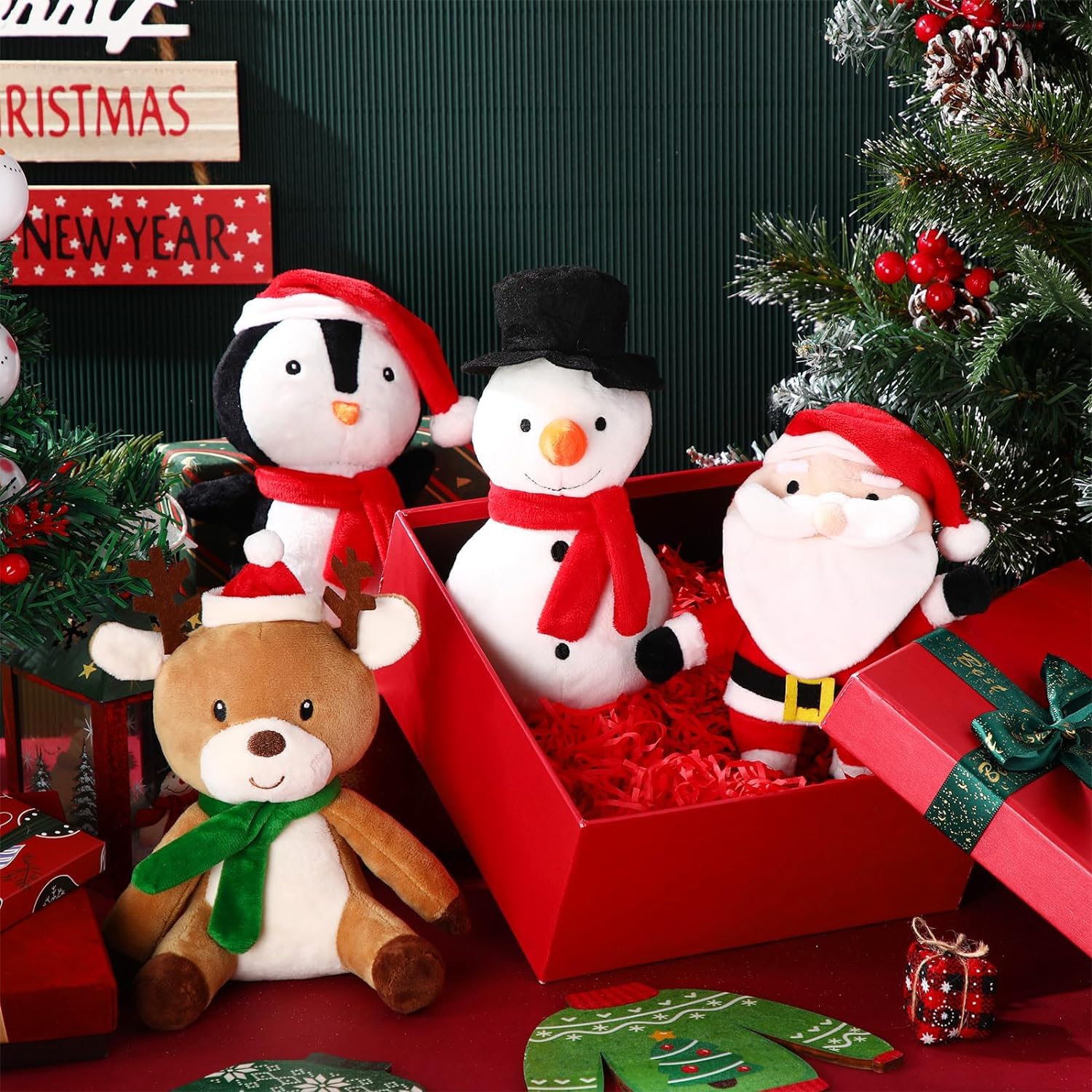 8 juguetes chirriantes de Navidad para perros, juguetes de peluche para perros de Papá Noel, muñeco de nieve, alce, pingüino, perro, dientes interactivos para masticar