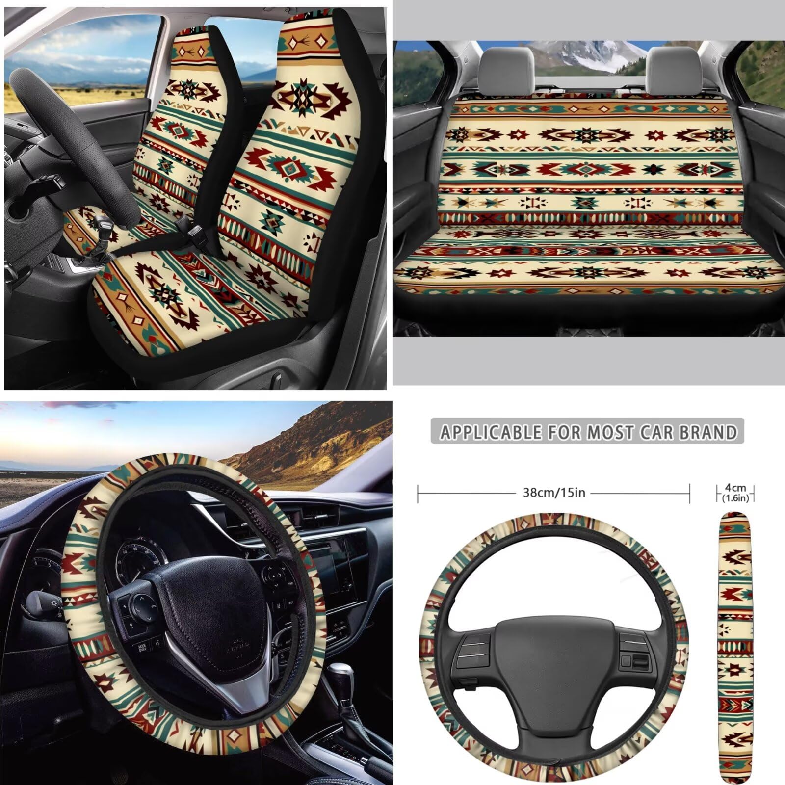 Chririnla Southwest Aztec 15pcs Car Seat Covers Set Universal Fit Front/Rear Seats, Steering Wheel Cover,Seat Belt Pads, Air Vent Storage Pouch,Trash Can Cup Coasters Stylish Nature Decor