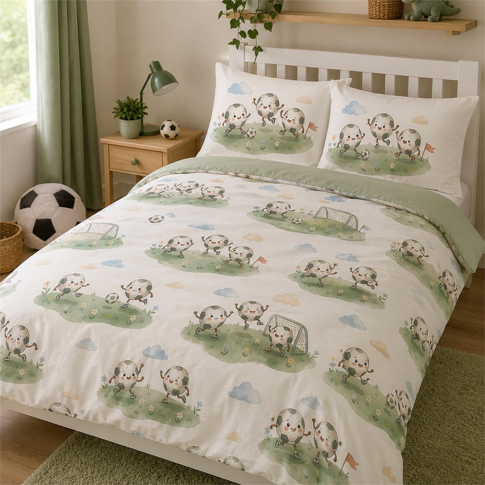 Vryxel Boys Kids Football Soft Bedding Double Duvet Cover Set Bed Zipper White Green 200 x 200 CM