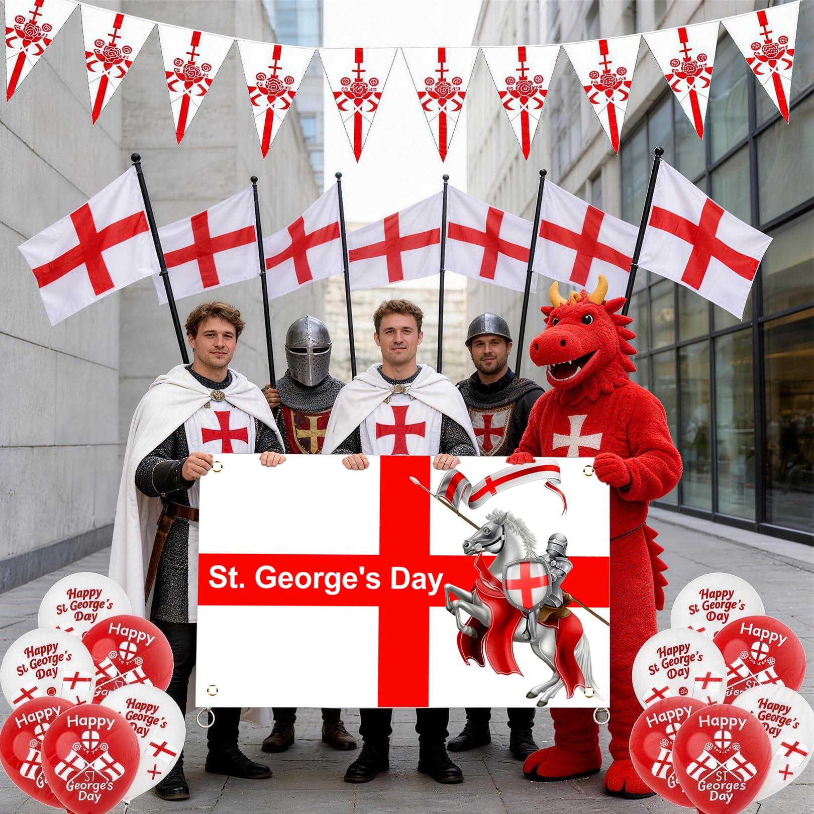 St Georges Flag, Happy St. George's Day Decorations Bunting with Balloons for England National Backdrop Decorations — view 5