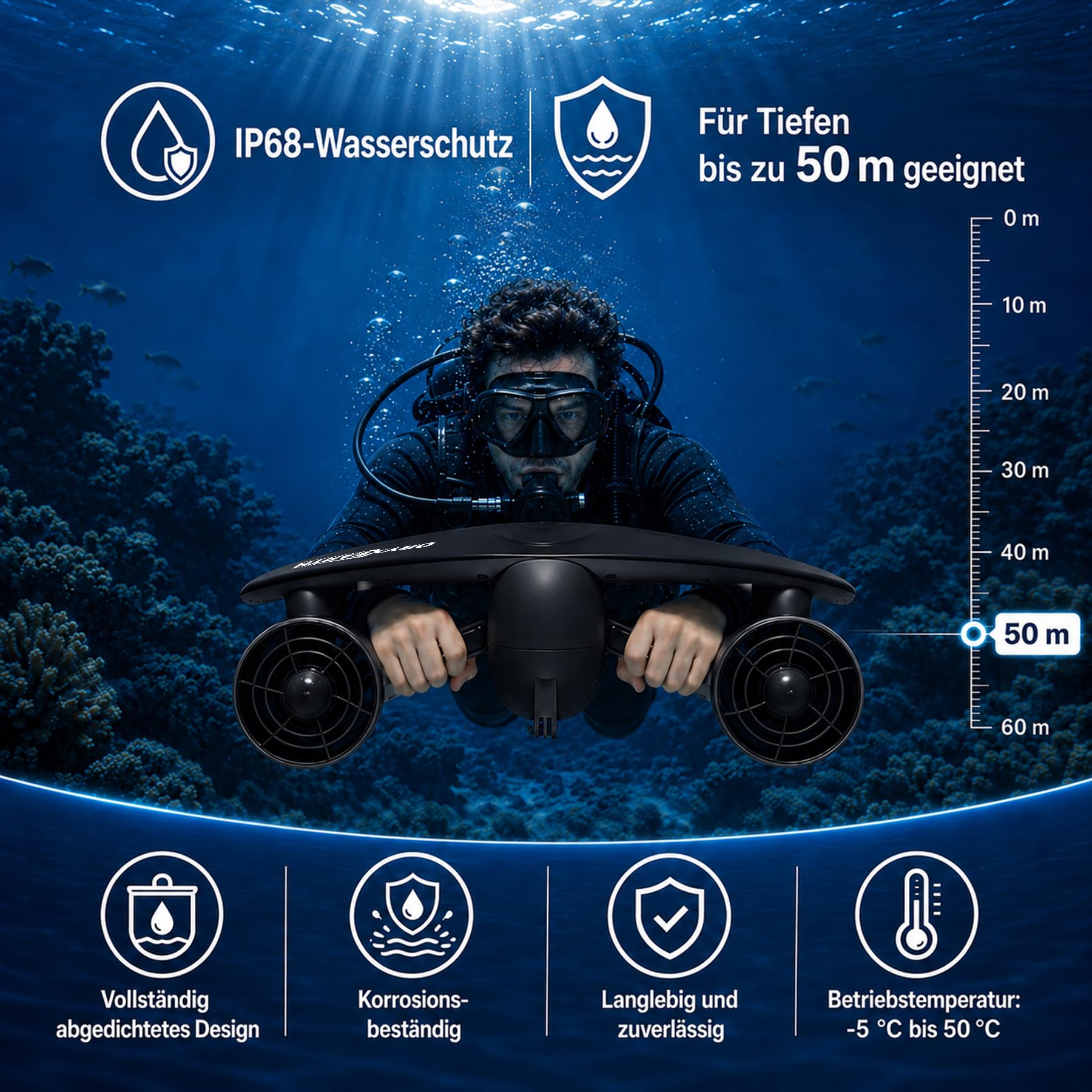 Oryxearth Doble Motor Scooter Submarino, 50 m, profundidad, 2 velocidades ajustables, soporte para cámara de acción, alerta de batería baja, scooter marino impermeable con seguridad infantil para