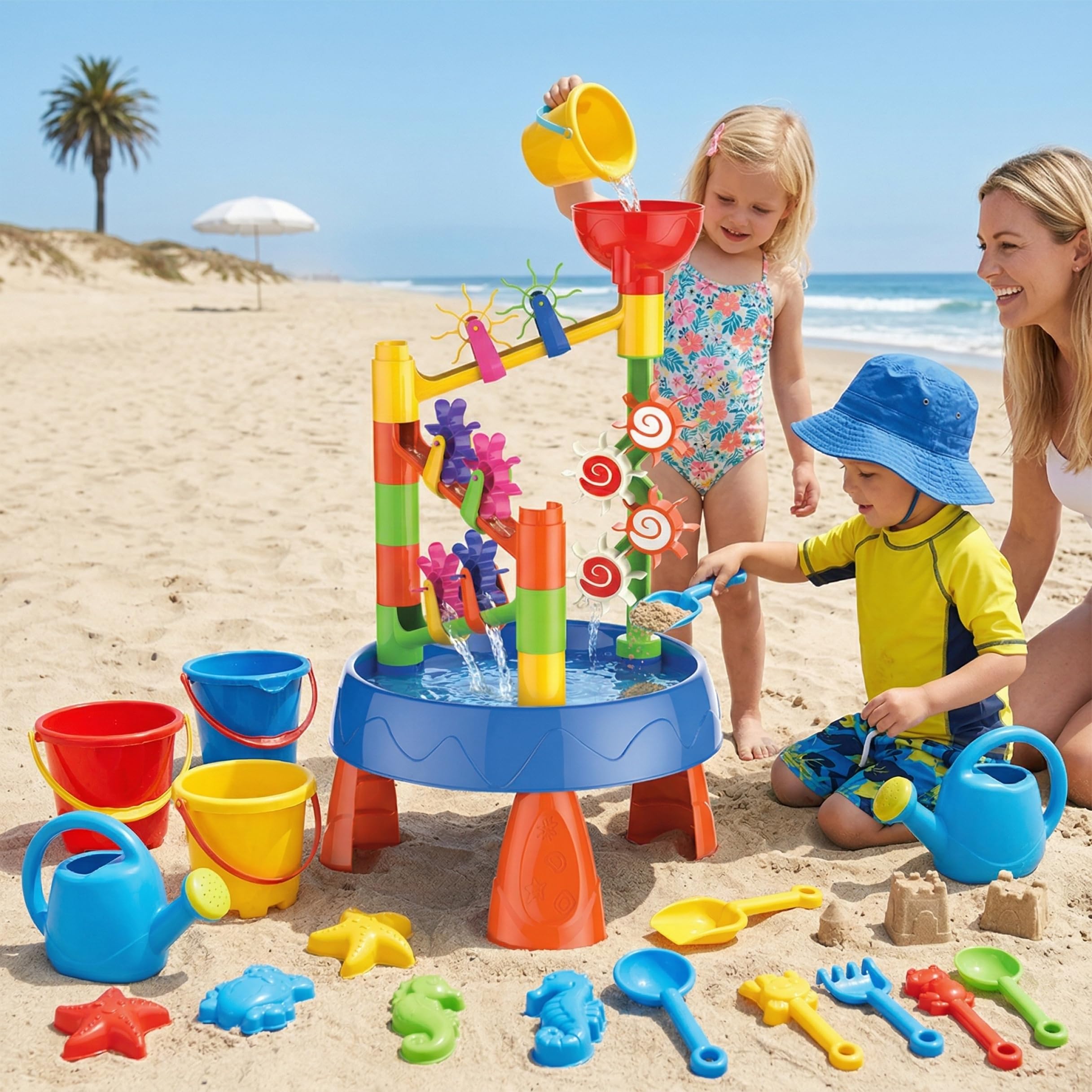 Sand-Wassertische, Baby-Wassertisch, Kindertisch zum Spielen im Freien – 32-teiliges Sand- und Spielzeug-Set für Kleinkinder mit Rad, Eimer, Schaufel für Kinder im Alter von 1–8 Jahren, Sommer, Stran