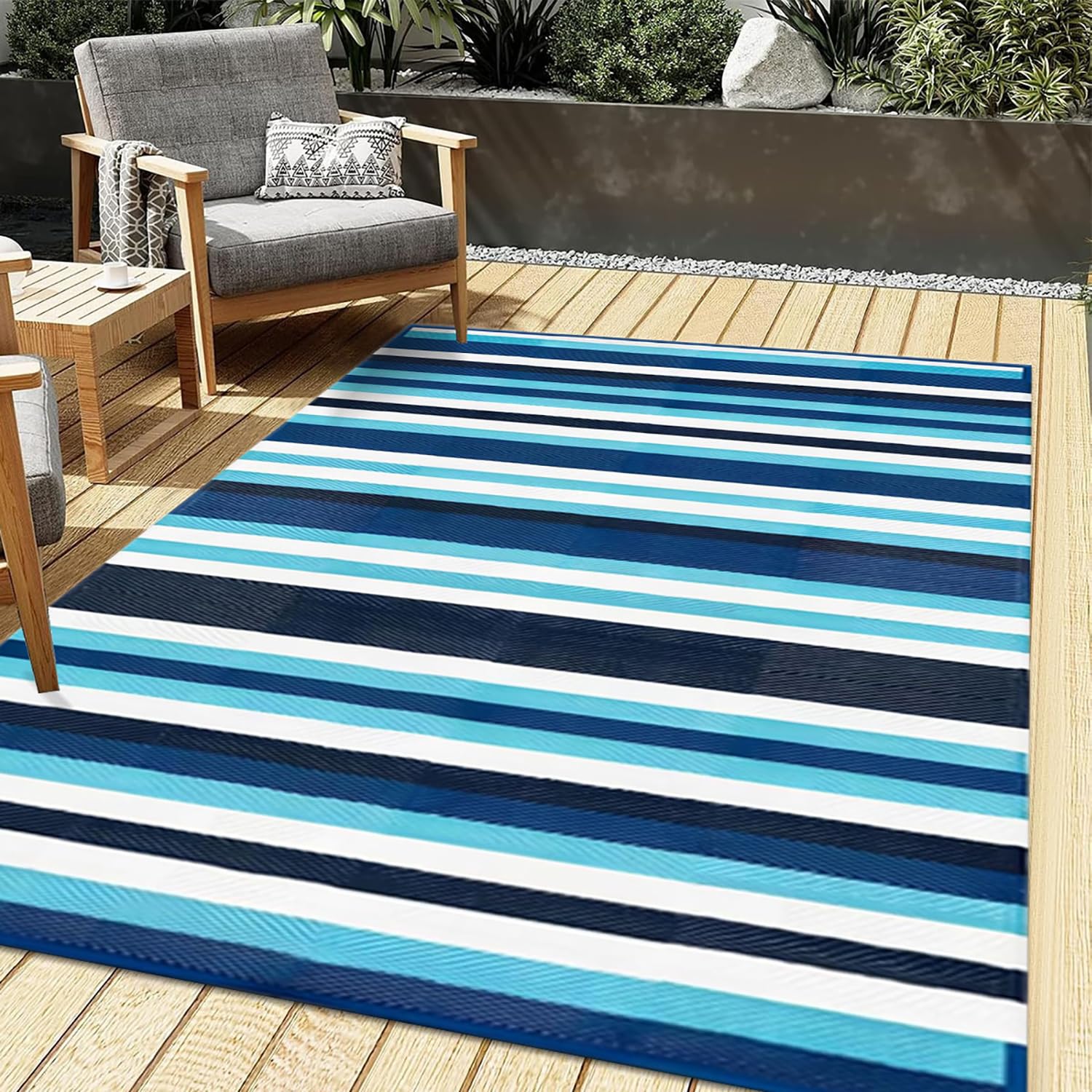 Tapis Imperméable Rayé Bleu,120x180 Petits Tapis Rectangulaire,Tapis de Jardin en Plastique Pliable,Tapis de Sol de Camping Réversible,Tapis Extérieur pour Terrasse,Balcon,Pique-Nique,Plage