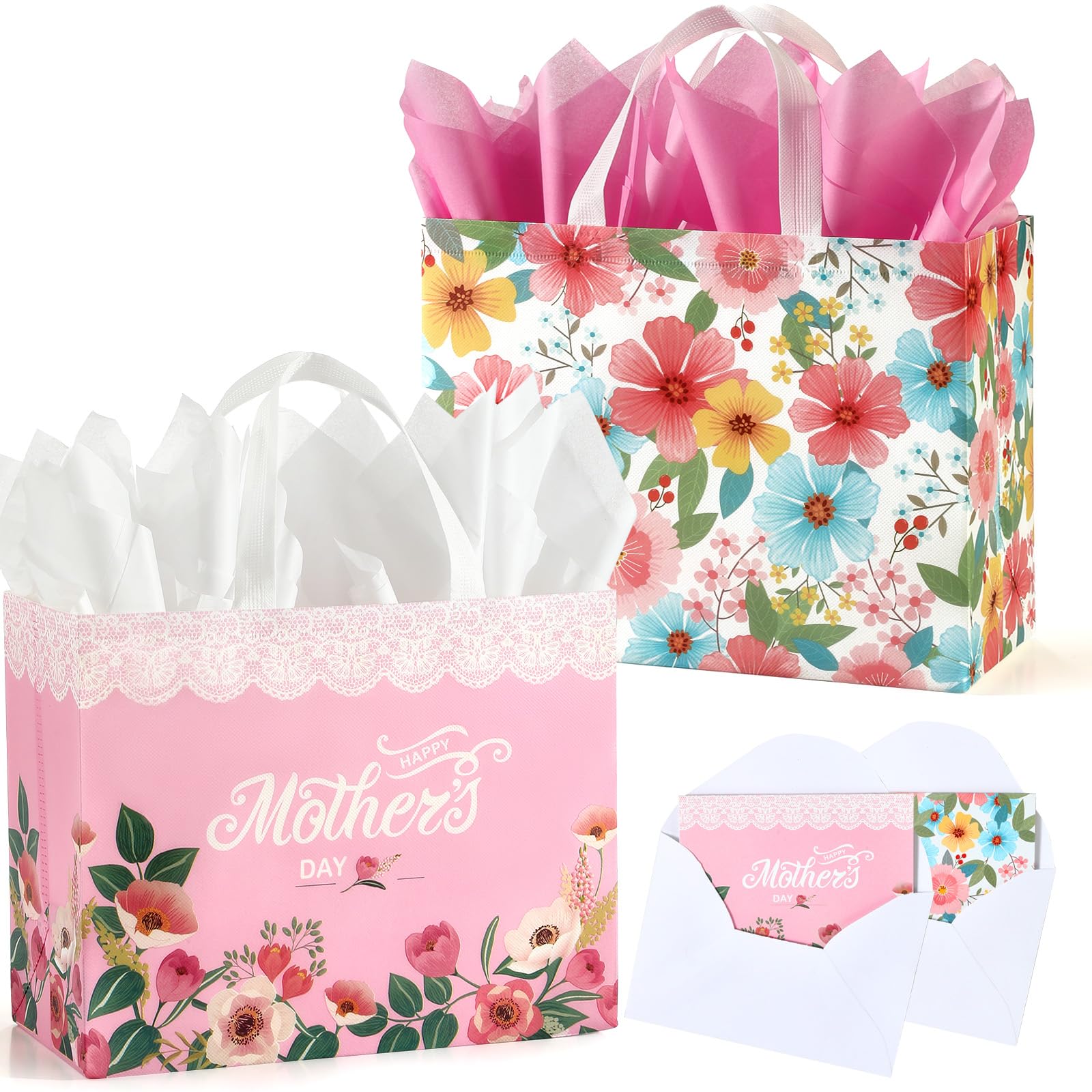 STYPOP 13" Mothers Day Gift Bags with Tissue Paper,2 Pack Large Mother's Day Bag Bulk,Reusable Gift Bags with Handles - Mothers Day Gifts for Mom,Grandma,Sister,Nana,Friends (Pink, White)