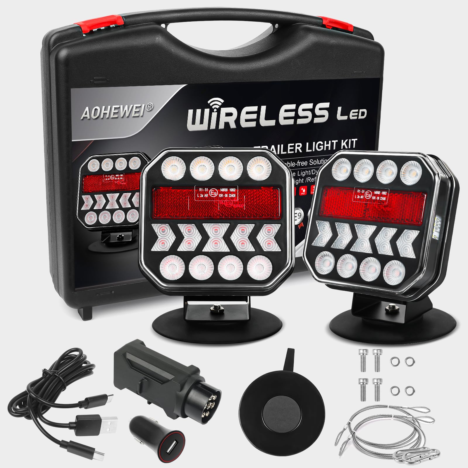 AOHEWEI Magnetische drahtlose LED-Anhänger-Rückleuchten Set 12V/24V, kabellose Bluetooth-dynamische Richtungsrücklichter mit verstellbarer Magnet-Haftfuß-Basis für Wohnmobile Boote Fahrzeuge Wohnwagen