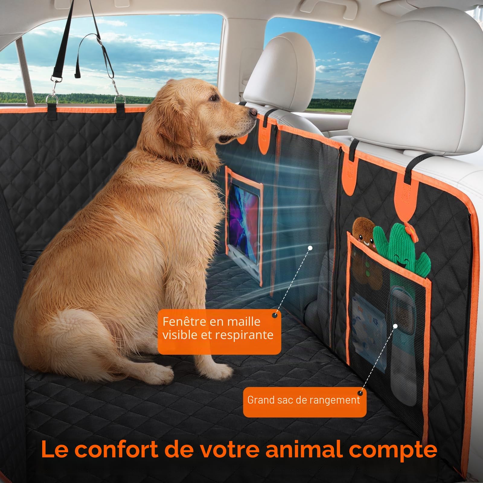 Euqvunn Protection Coffre Voiture Chien avec Fond Rigide [Taille Plus Large et Clip en métal] Housse Voiture Chien, Imperméable Protection Siege Voiture Chien Universel pour Voitures, SUV, coffres