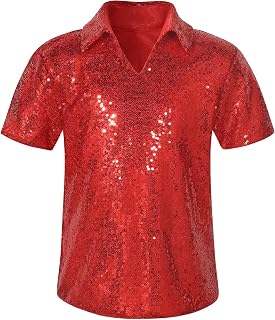 Boys' Short Sleeve Sparkle Sequins Polo Shirts V-Neck Shiny T-Shirt (4-12 Years)