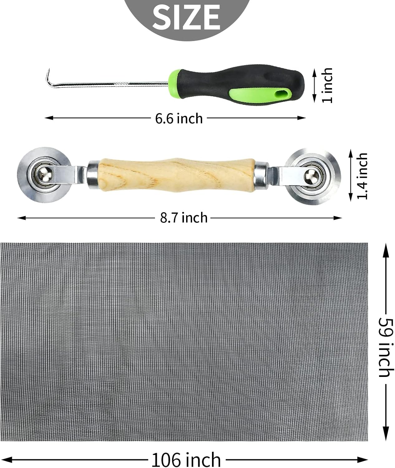Yoochee Window Screen Replacement with Rolling Tool Retainer Spline and Steel Hook, Durable Fiberglass Screen Roll, DIY Adjustable Screen Mesh for Windows Doors (59" x 106", Gray)