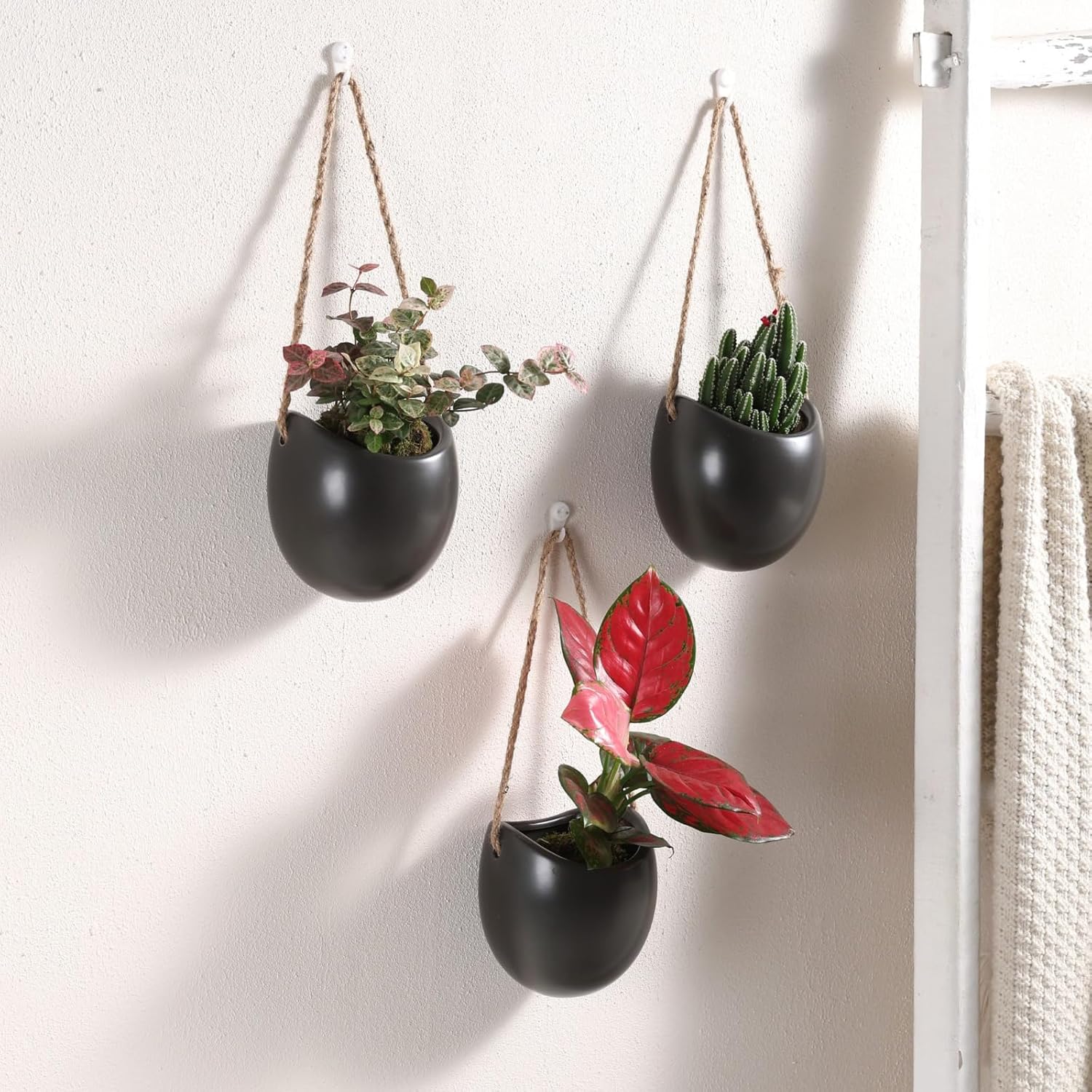 Set of 3 Ceramic Wall Vases - Hanging Pocket Planters for Indoor Plants, Wall Decor for Entryway Hallway Bathroom Living Room Dining Room