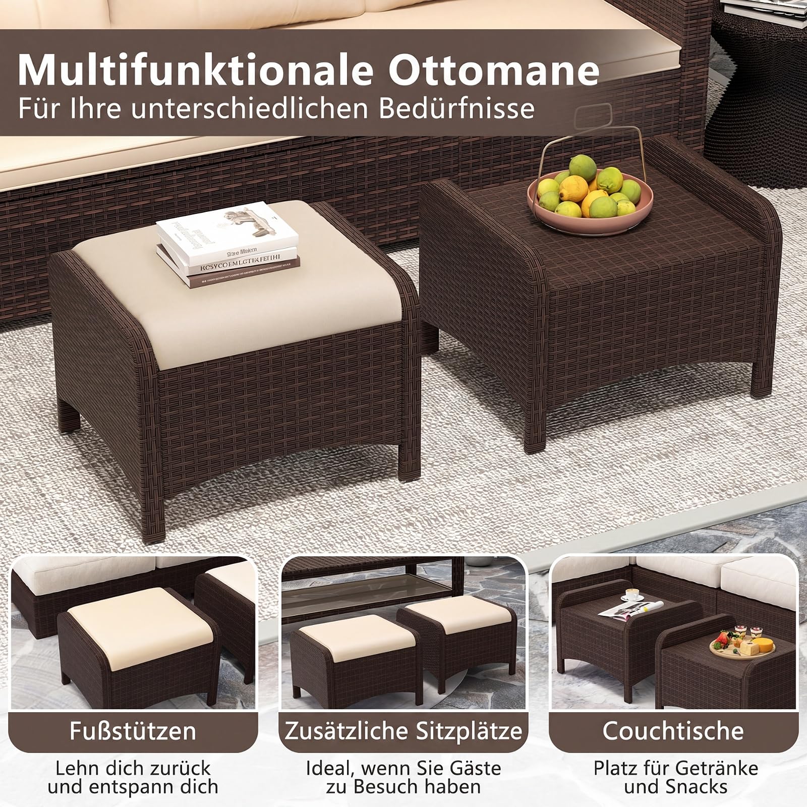 COSTWAY 2er Set Fußhocker Rattan, Sitzhocker mit abnehmbarem Kissen, Rattanhocker wetterfest, Gartenhocker für Garten, Balkon, Terrasse (Beige)