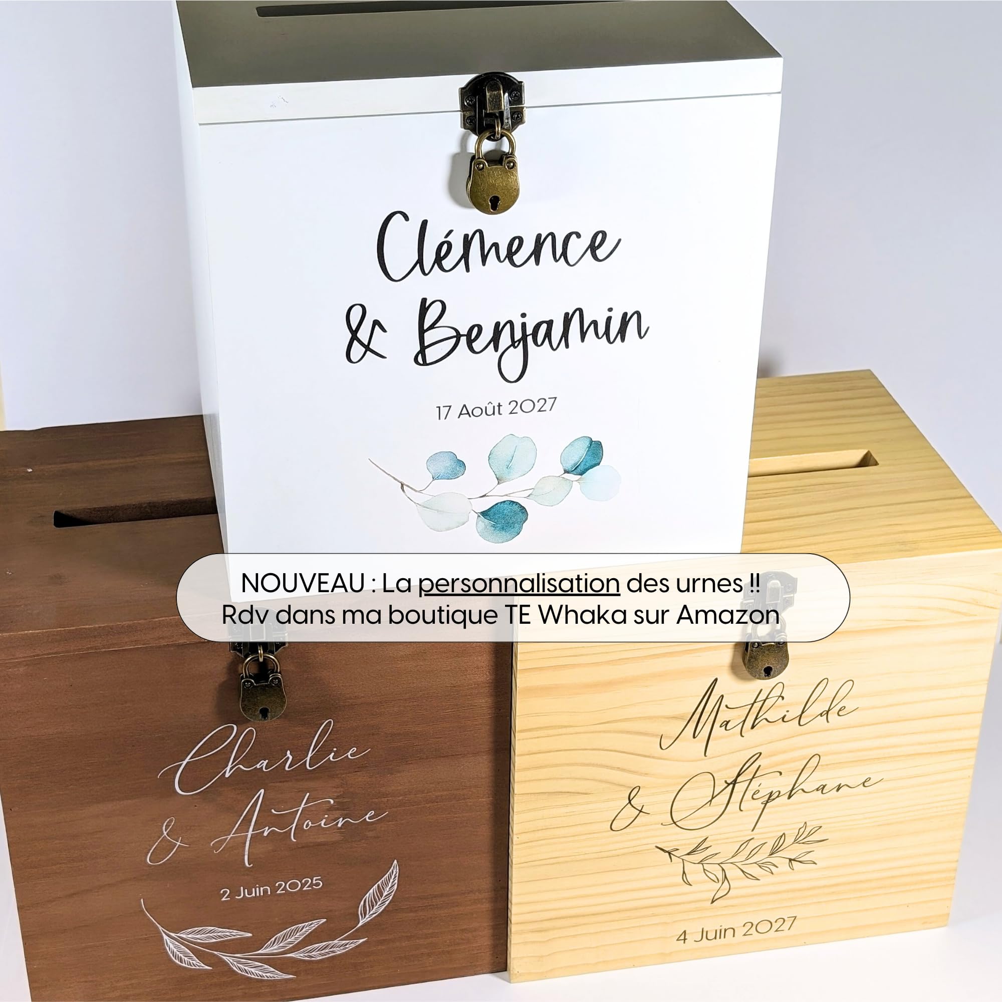 Gran urna de madera blanca gracias con candado | 25 x 25 x 20 cm | Urna boda, PACS, cumpleaños, Baby-Shower, Bapteme, comunión, retiro (...) - Regalos invitados boda