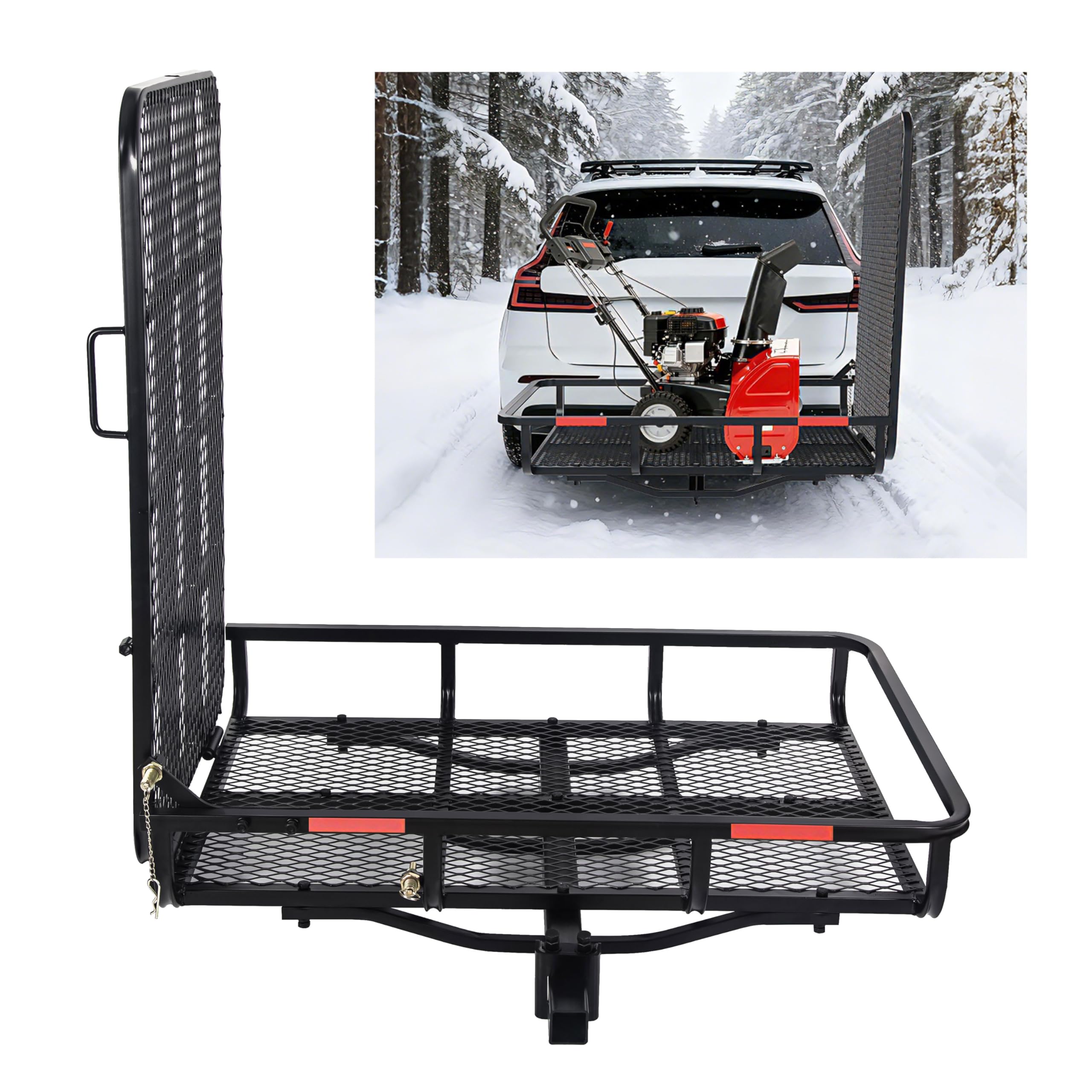 ECOTRIC Hitch-Mounted Cargo Carrier with Mobility Ramp for Wheelchair Scooter Lawn Mower Snow Blower Hauler 500lb Capacity Basket-Style
