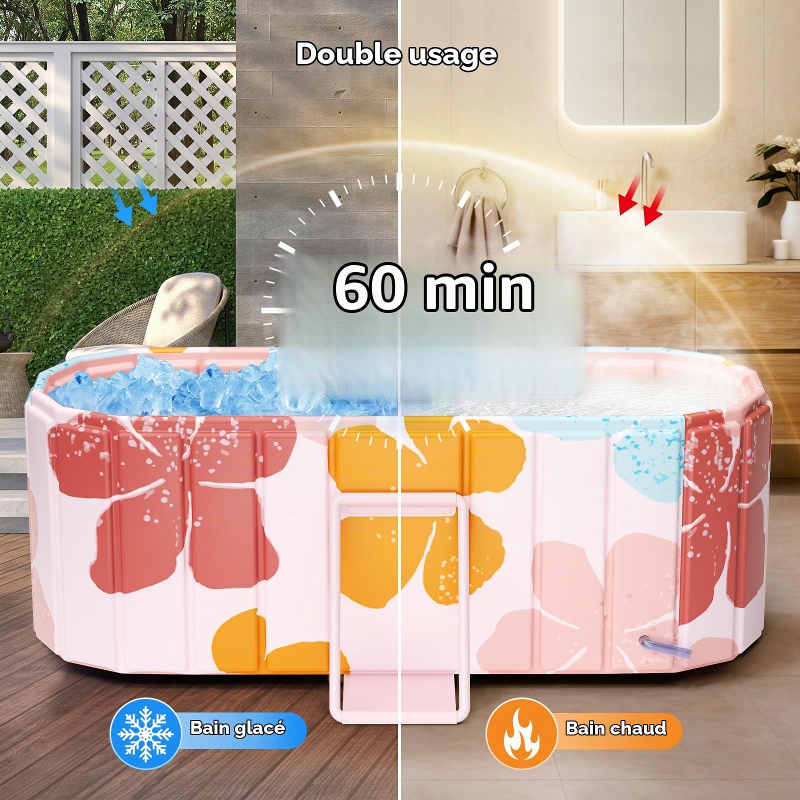 Baignoire pliable adulte 145x52x51.5cm (57.1x20.5x20.3in),Baignoire portable pliable avec 2 panneaux de support latéraux,2 trous de drainage,pour adultes,baignoires pour Intérieur/Extérieur