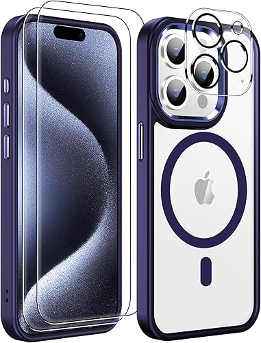 MOZOTER Funda magnética 6 en 1 para iPhone 15 Pro, compatible con MagSafe, antiamarilleo, protectores de pantalla y protectores de lente de cámara,