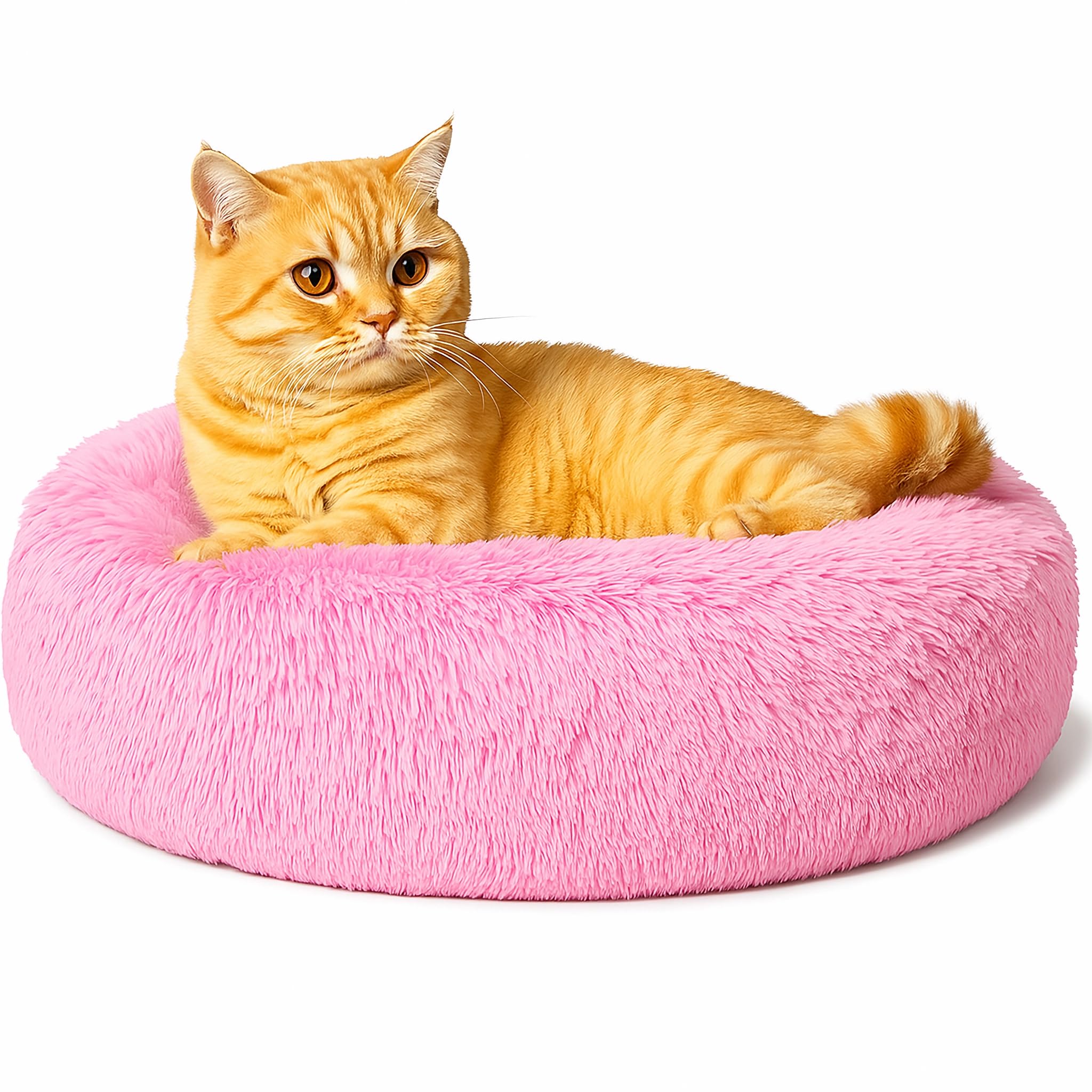 SEOUGEE Calming Donut Cat Bed, Fluffy Plush Round Dog Bed, Cosy Soft Washable Cushion Warming Pet Beds with Non-Slip Bottom, Indoor Sleeping Cuddler Nest for Cats Puppy Kitten (Light Pink 40cm)